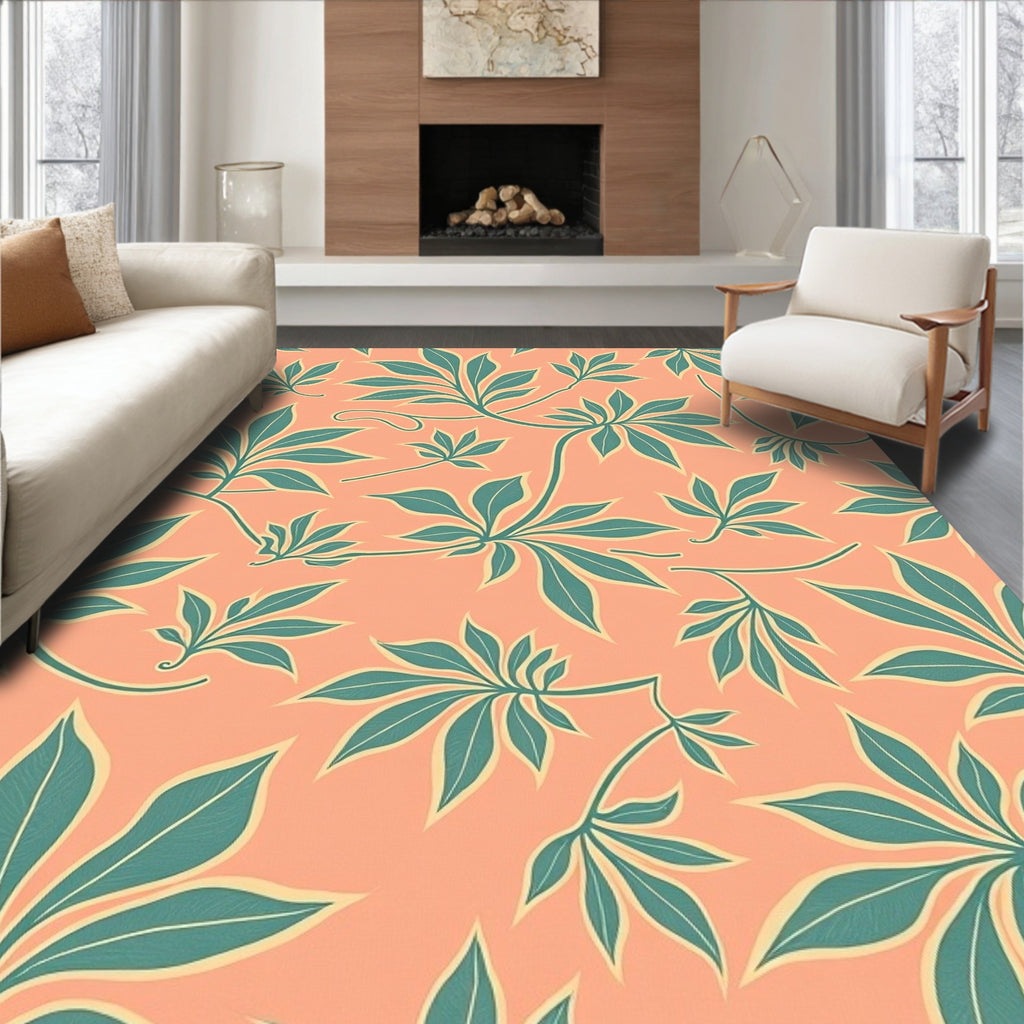 Coral Tropical Leaf Pattern Rug