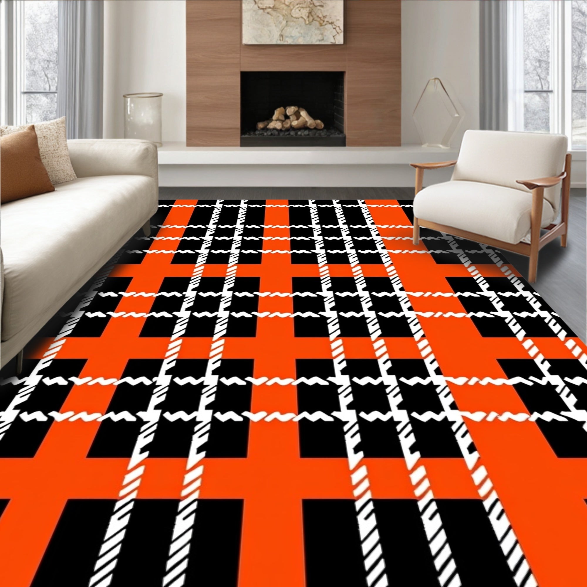Bold Orange Black White Plaid Rug
