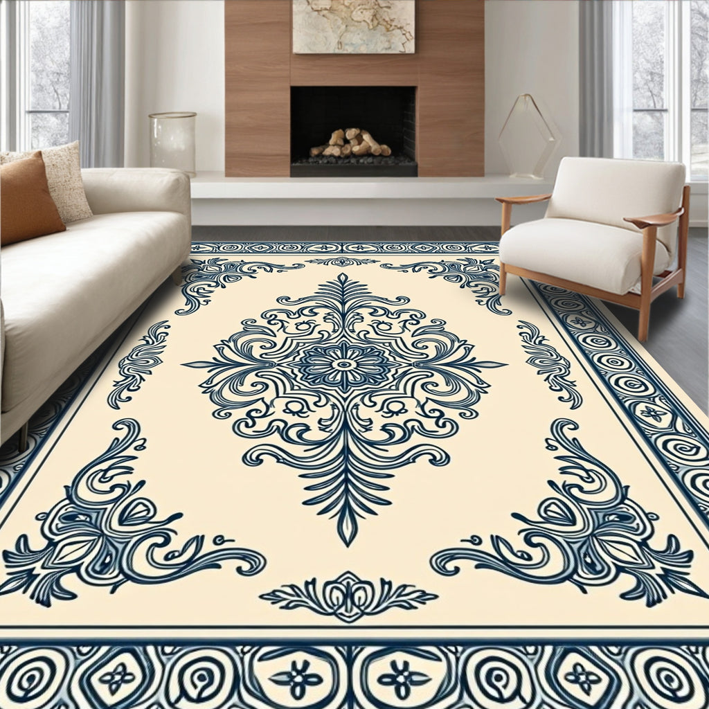 Intricate Teal Scrollwork Floral Medallion Rug