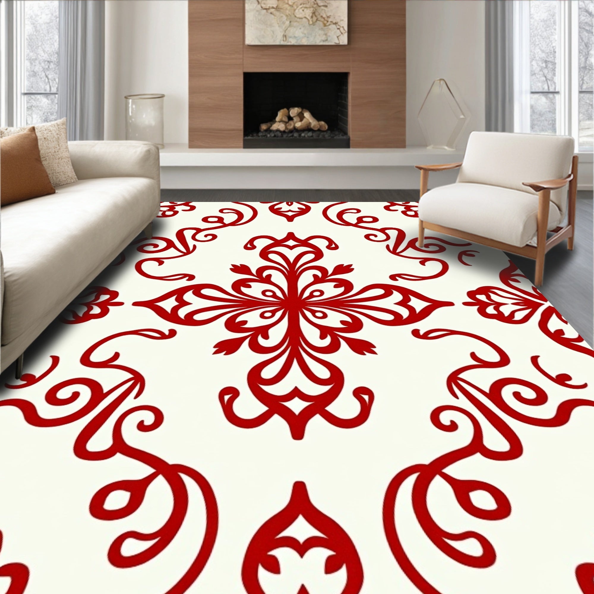 Classic Red Floral Damask Pattern Rug