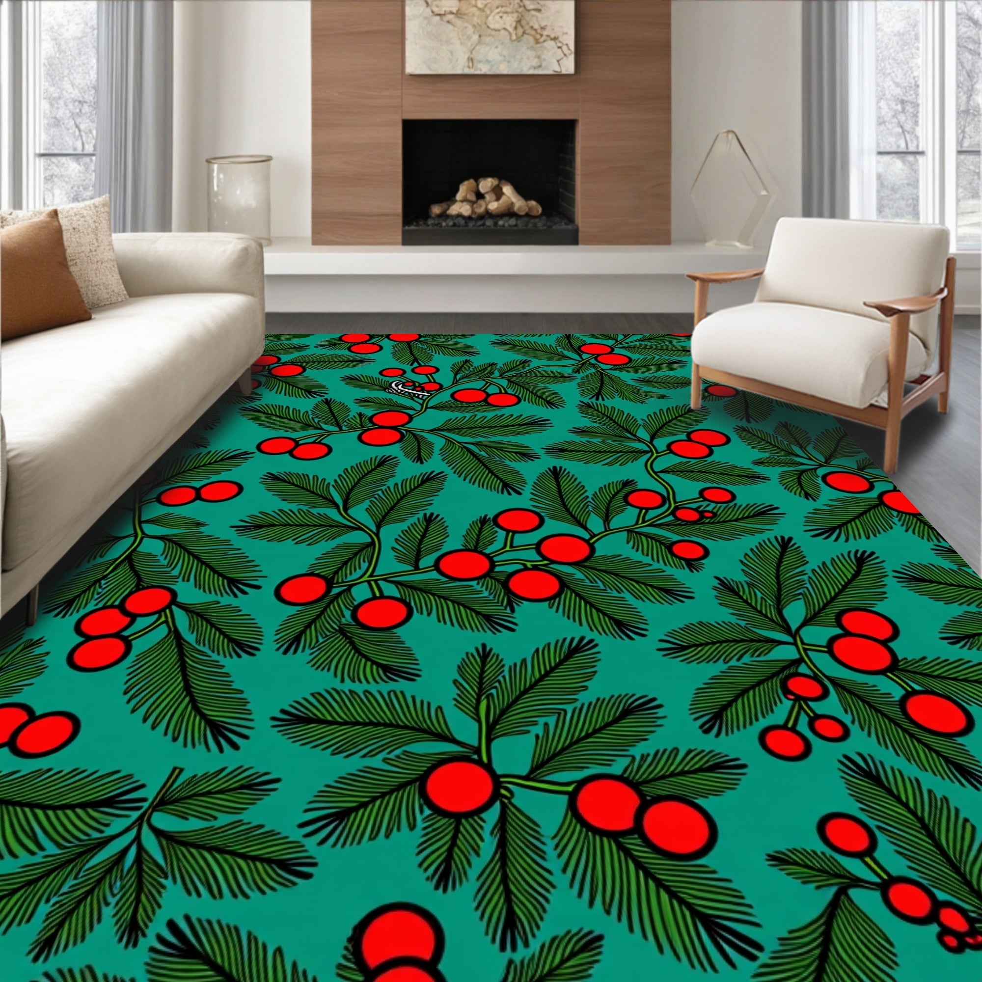 Evergreen Red Berry Branch Arrangement Rug
