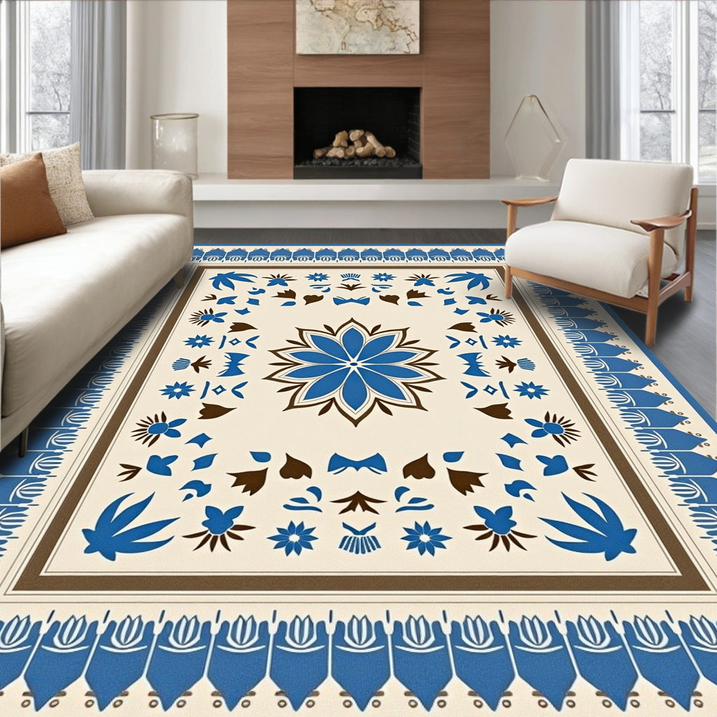 Bold Blue Cream Floral Garden Rug