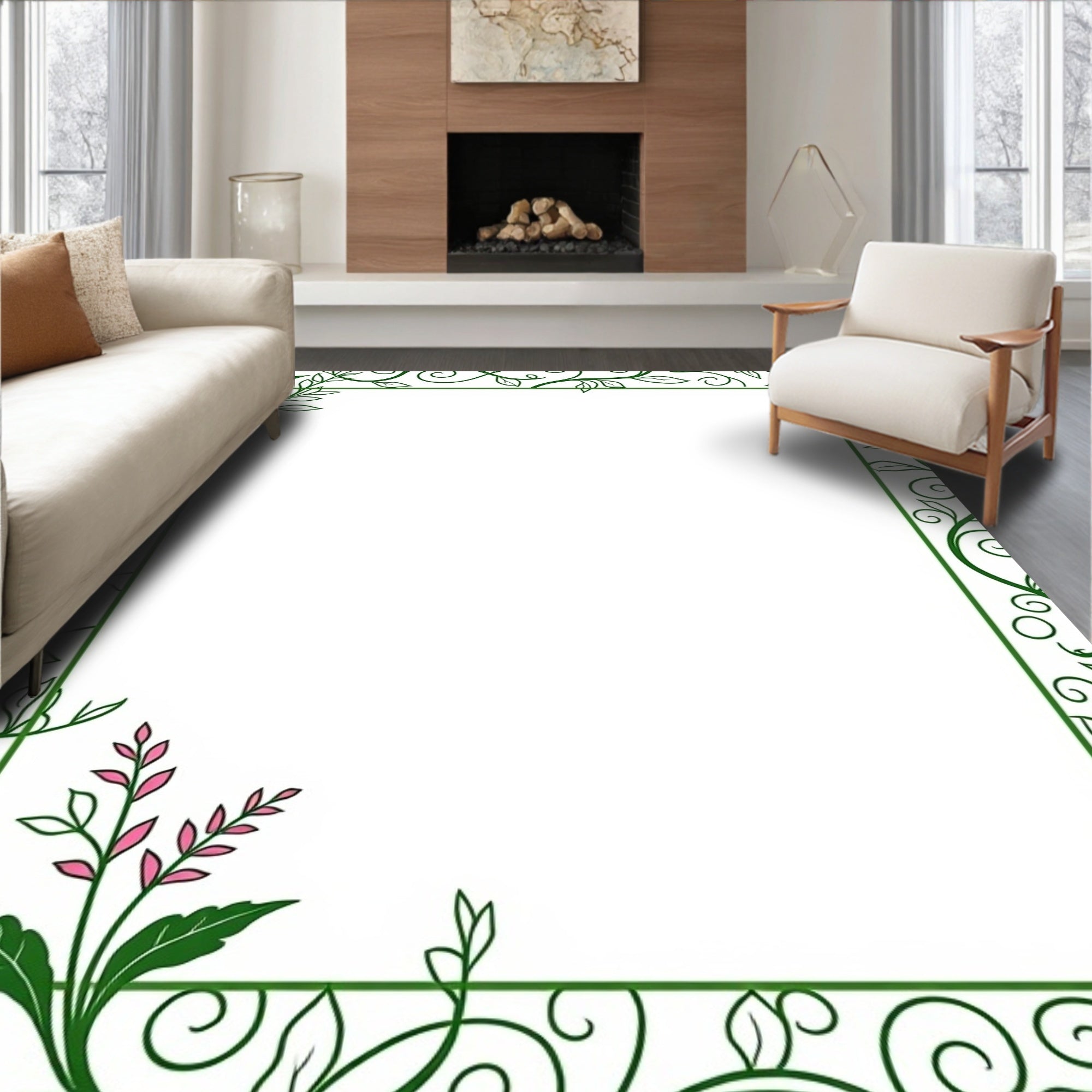 Green Floral Vines Border Design Rug