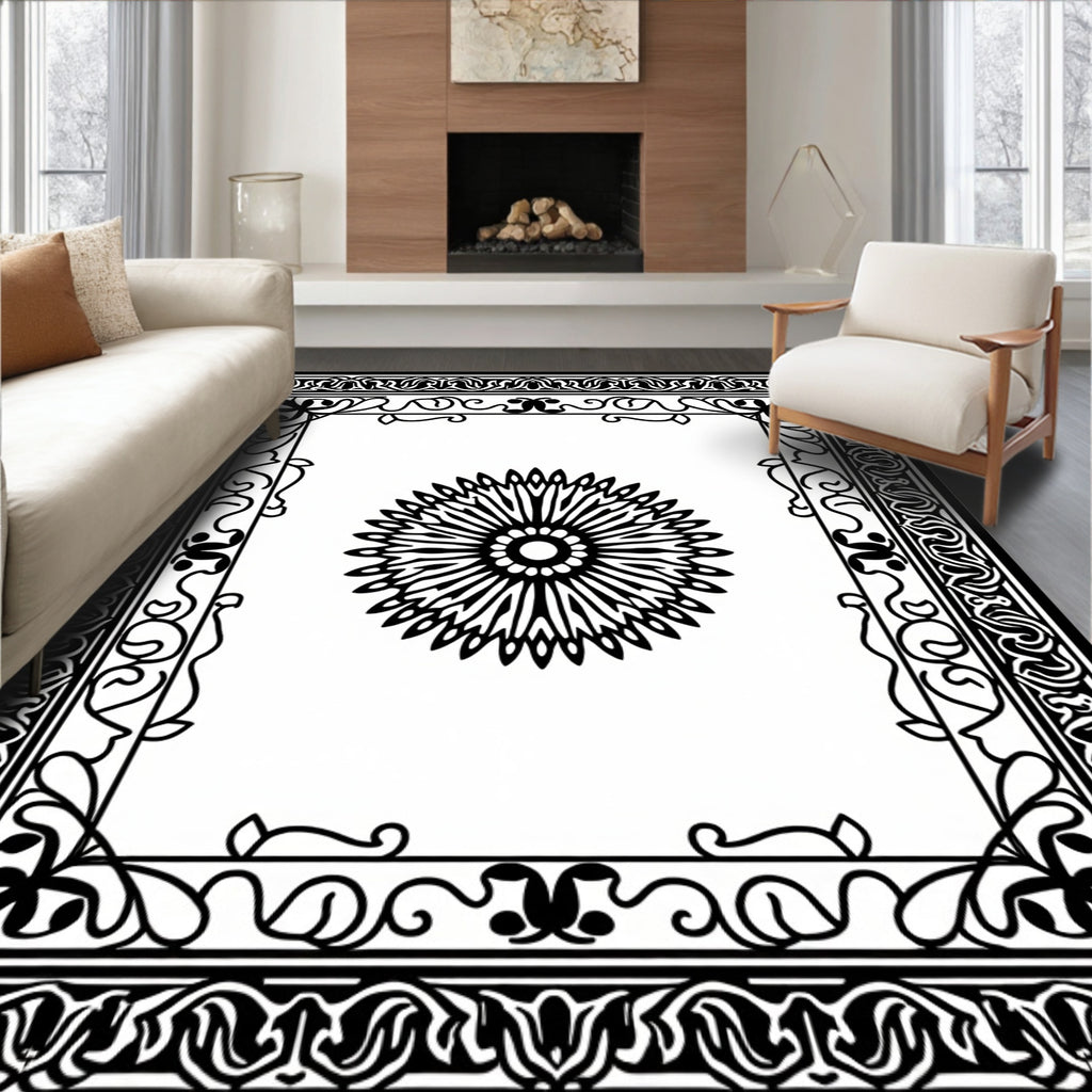 Black White Floral Mandala Frame Rug