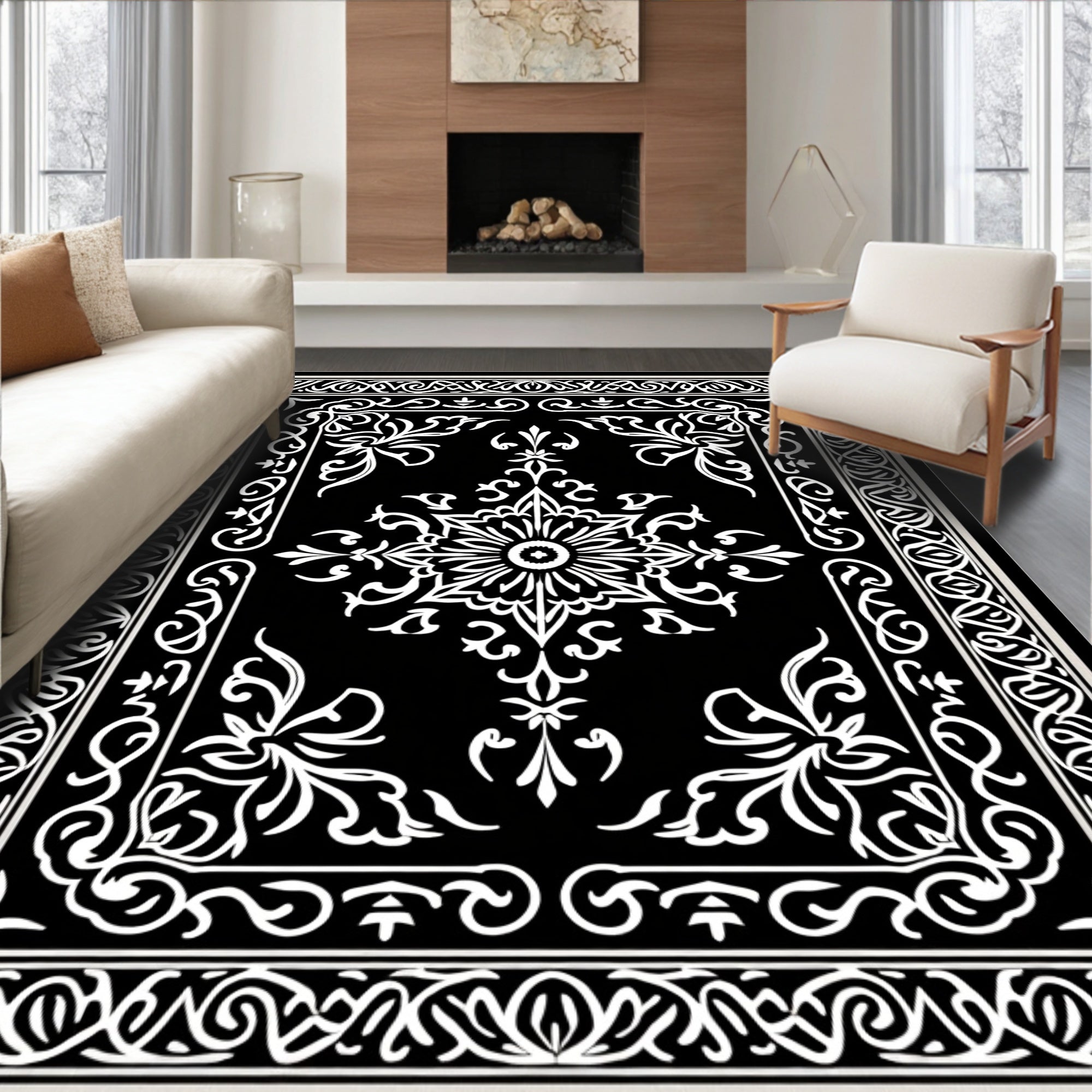 Classic White Ornate Floral Square Design Rug