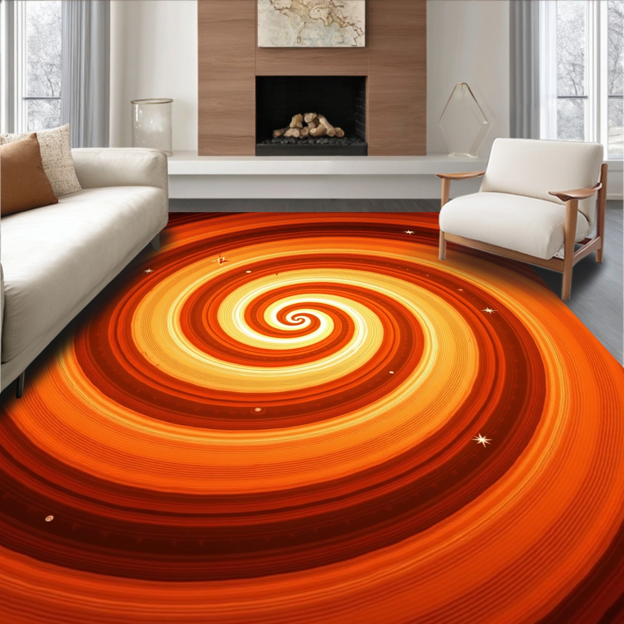 Vibrant Orange Swirl Star Pattern Rug