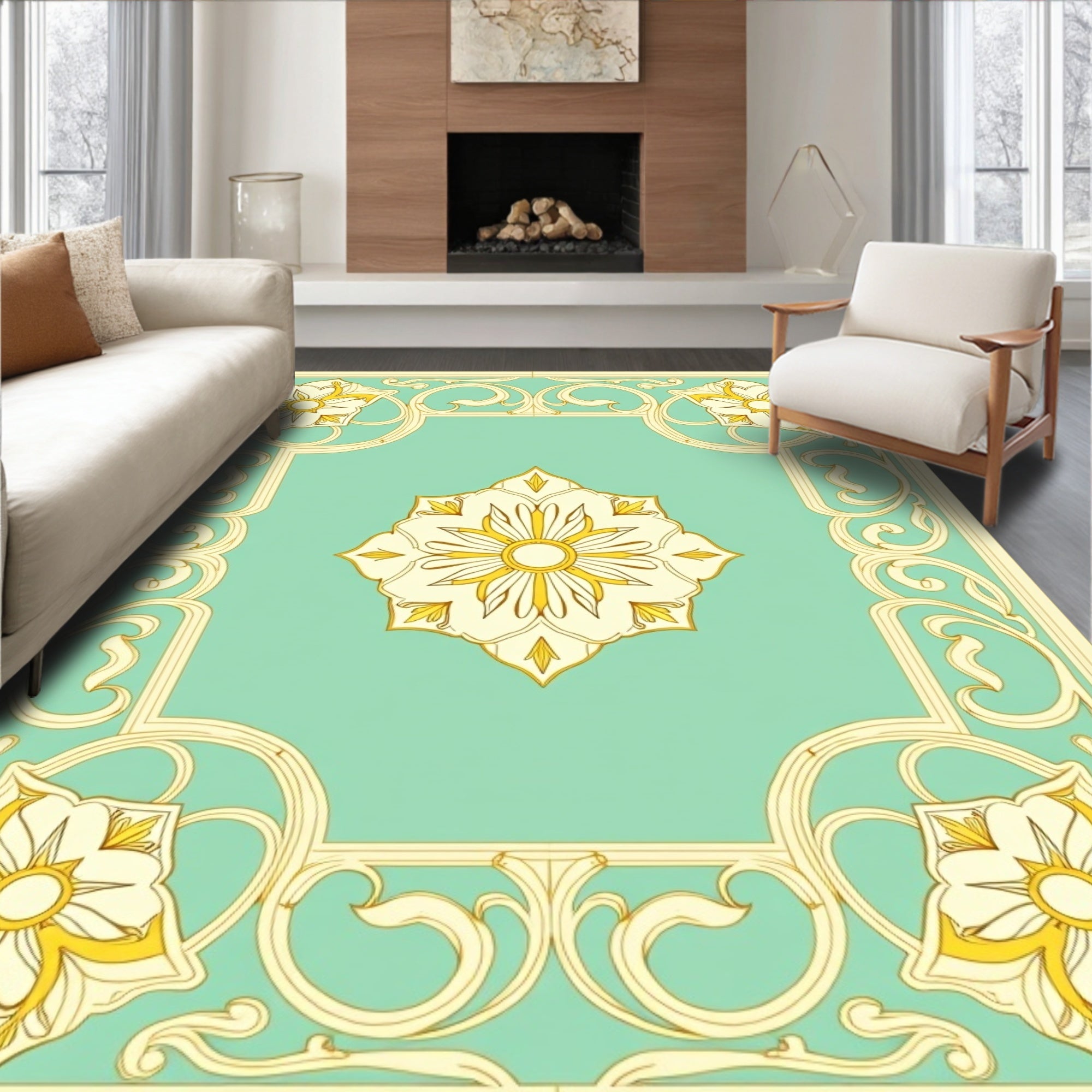Elegant Yellow Floral Aqua Border Design Rug