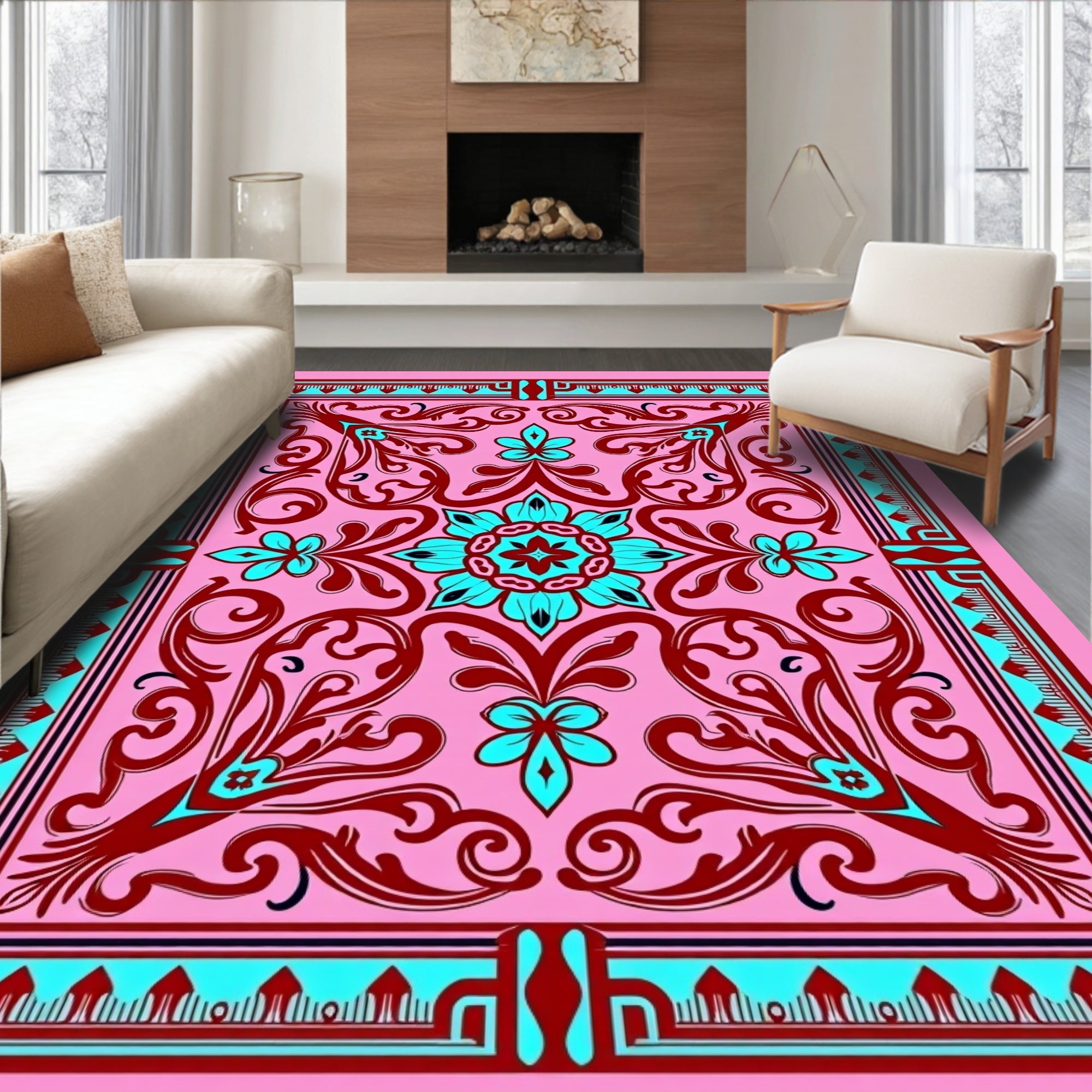 Vivid Floral Medallion Scroll Pattern Rug