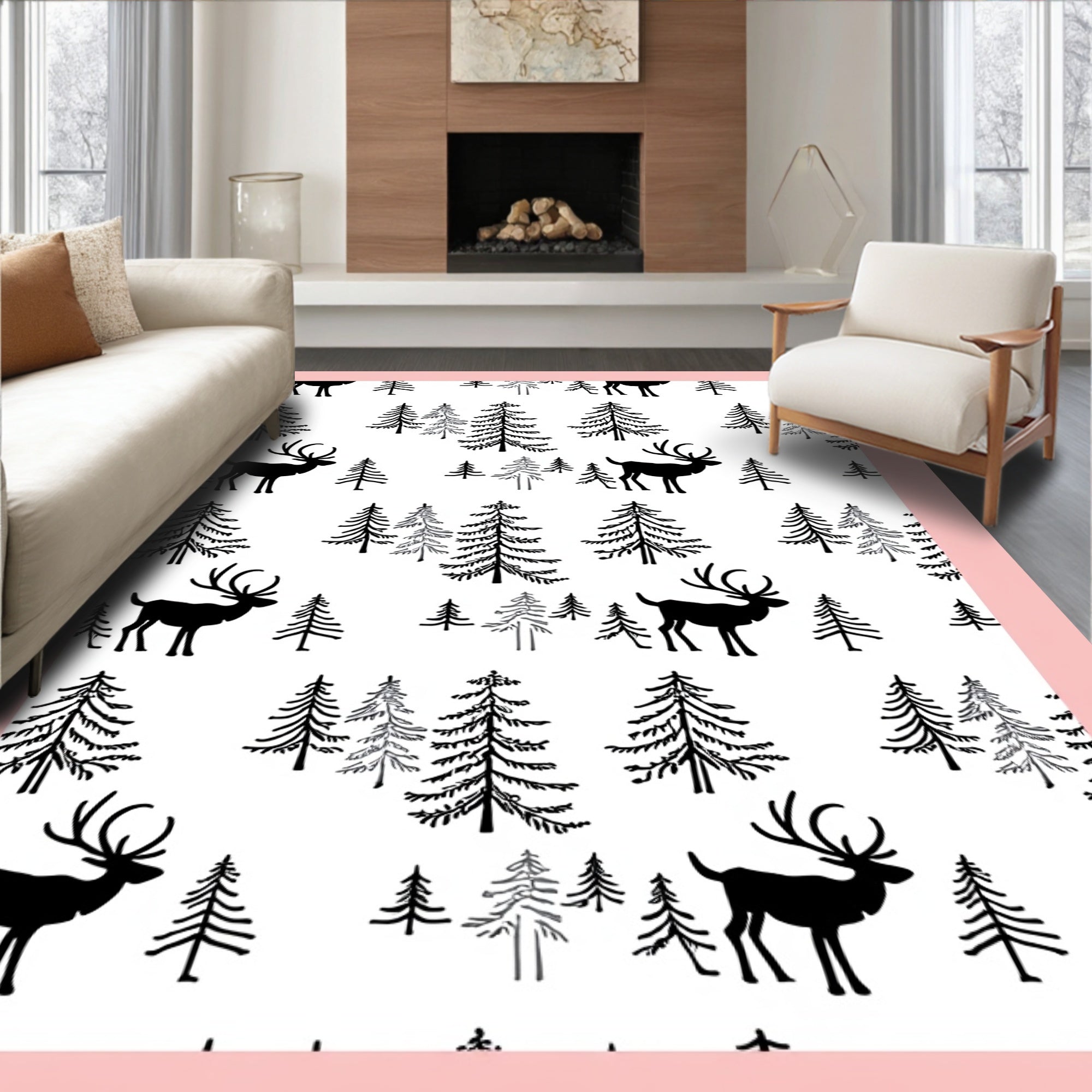 Woodland Elk Pine Tree Pattern Rug