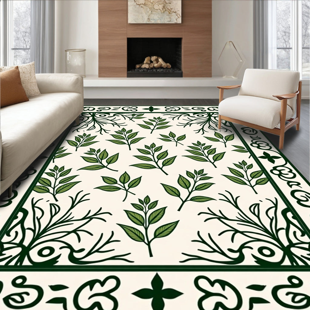 Green Leafy Border Pattern Rug