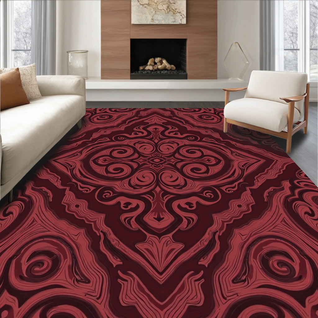 Rich Red Swirl Damask Pattern Rug