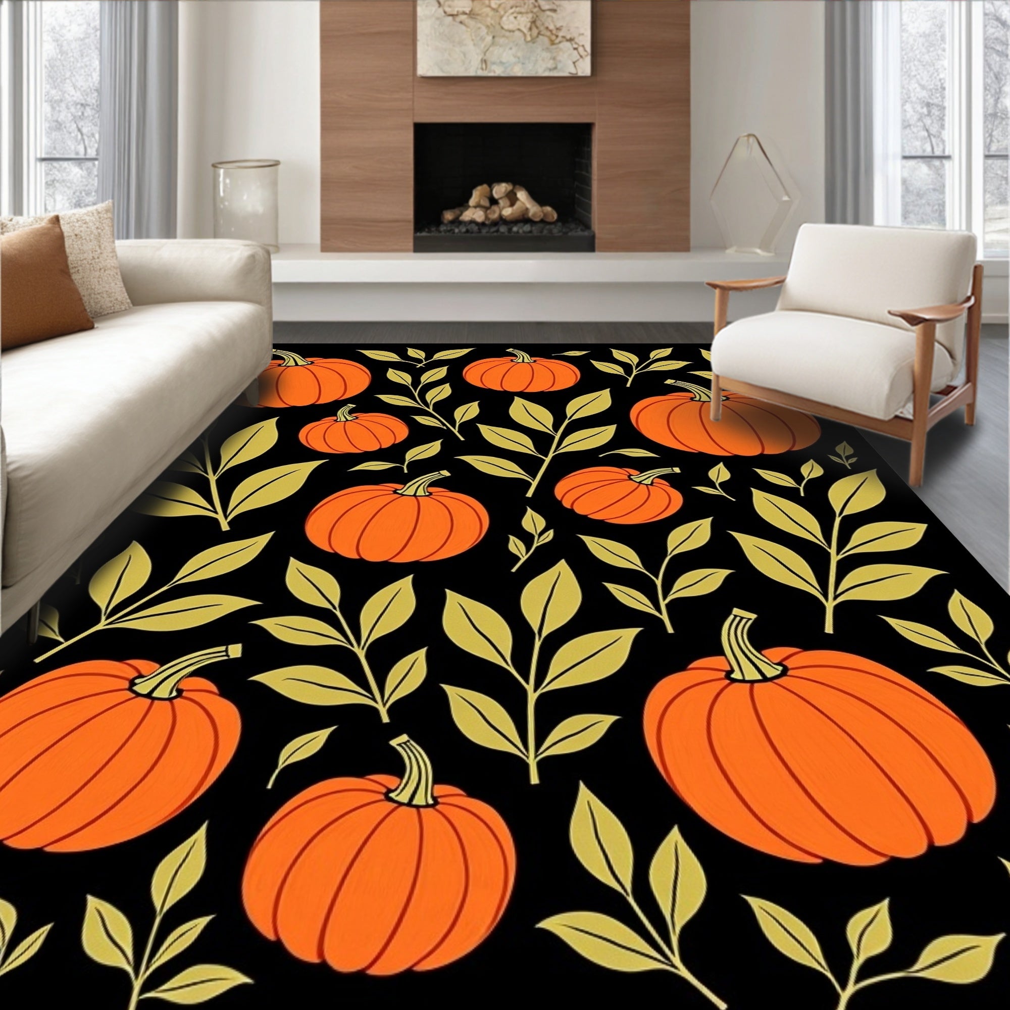 Orange Pumpkin Leaf Pattern Rug