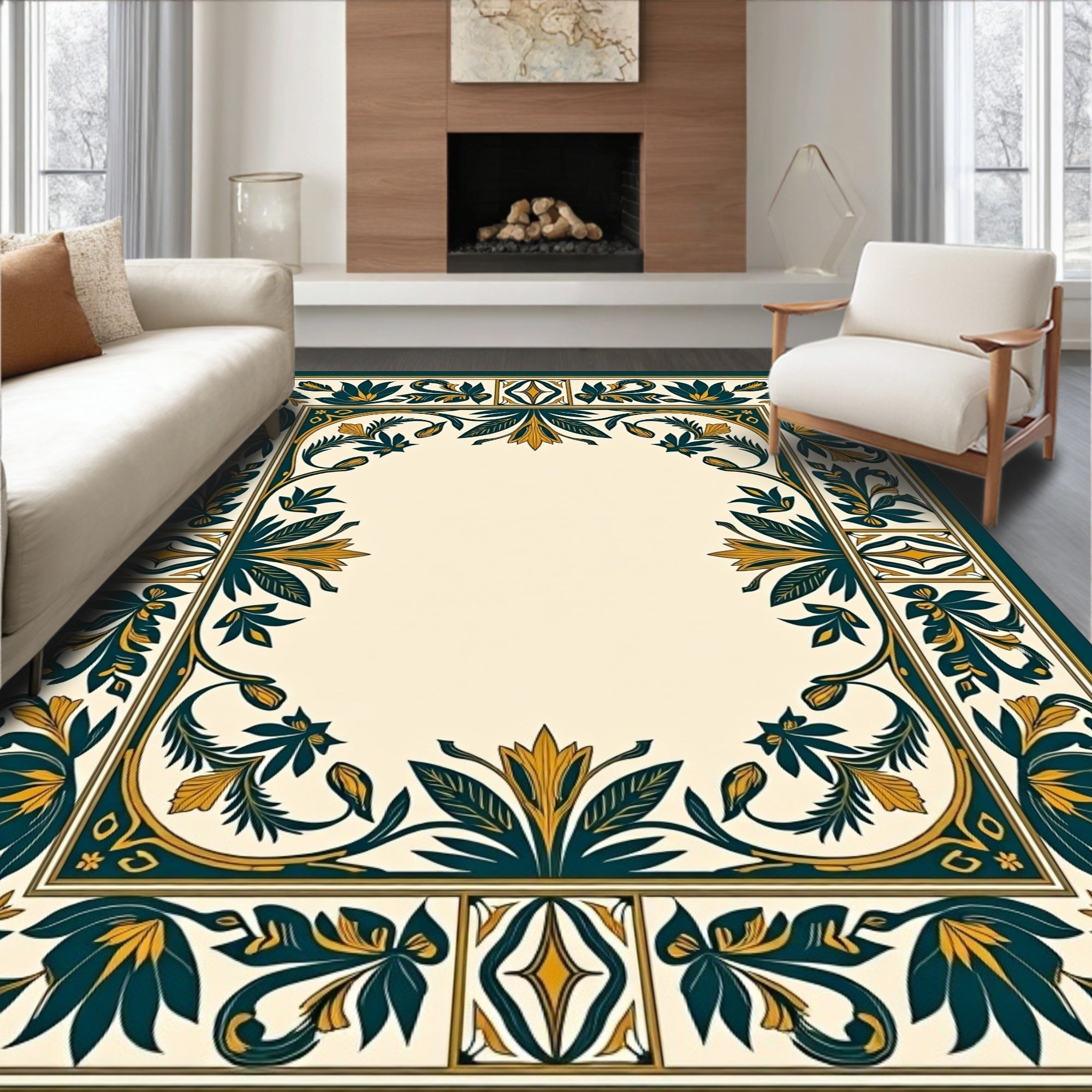 Grand Floral Leaf Border Design Rug