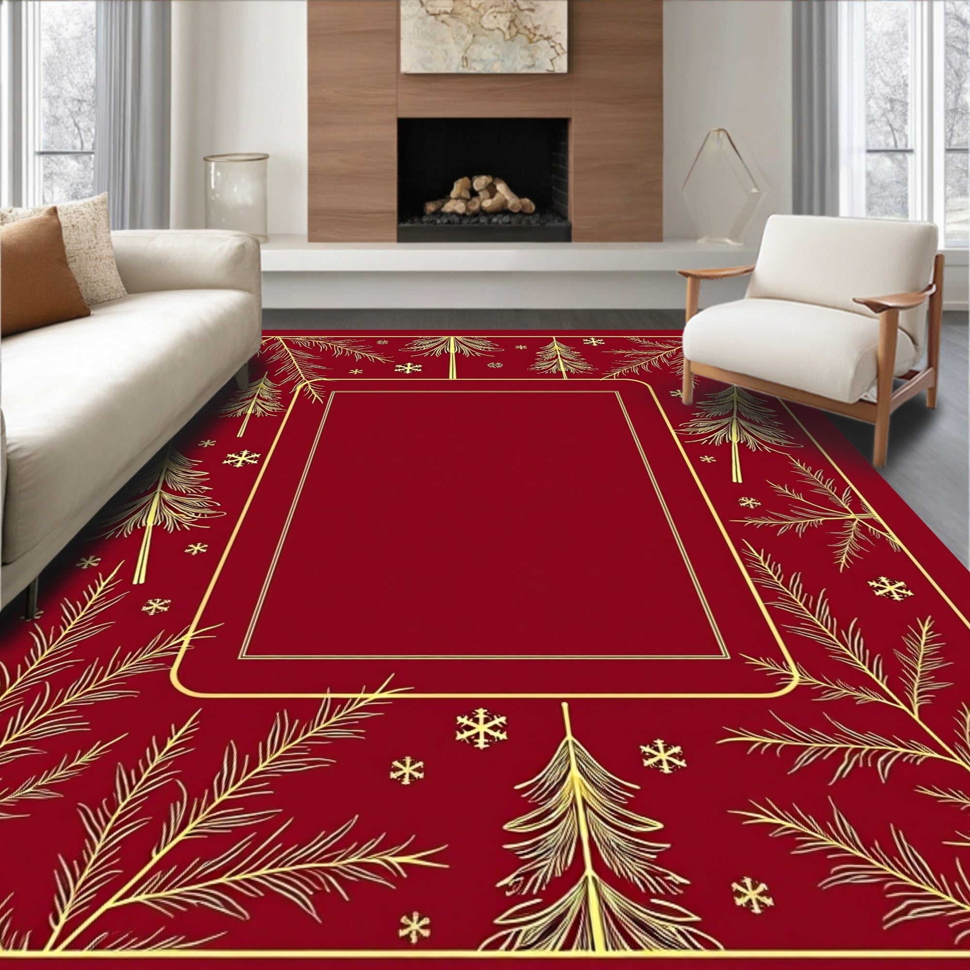 Golden Pine Snowflake Border Design Rug