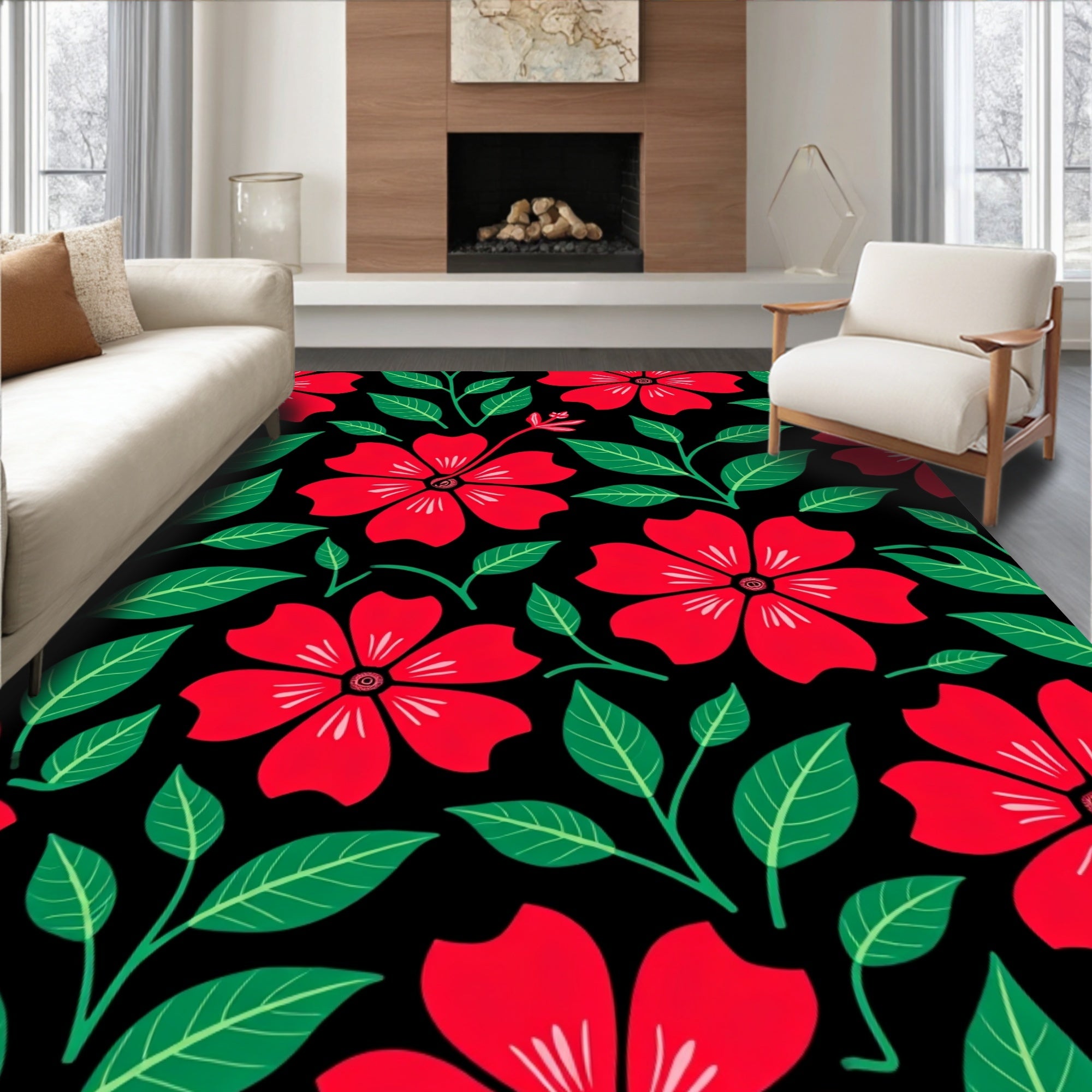 Vibrant Red Floral Black Garden Rug