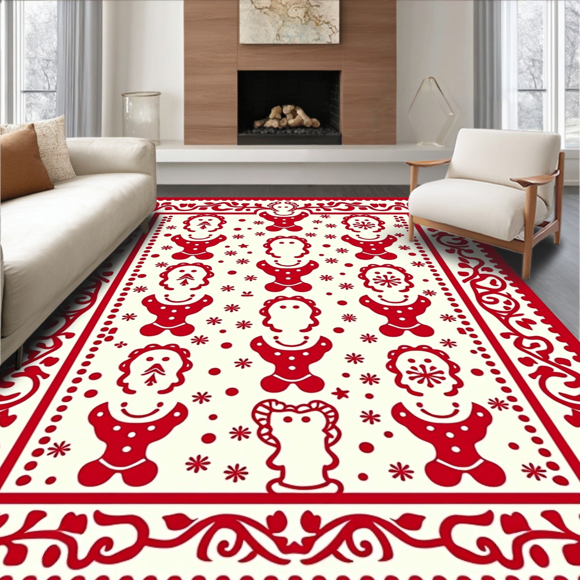Red Folk Art Character Pattern Rug