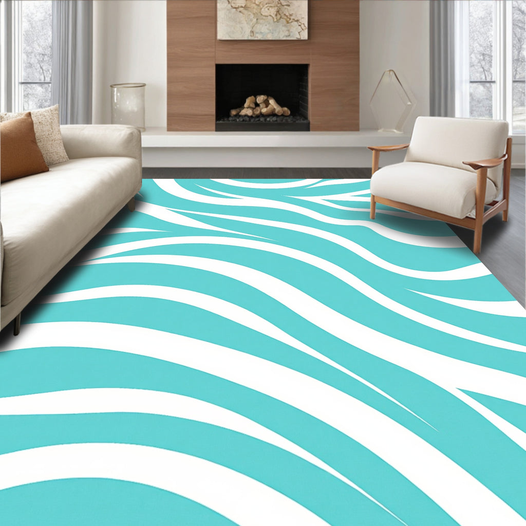 Wavy Turquoise White Zebra Pattern Rug
