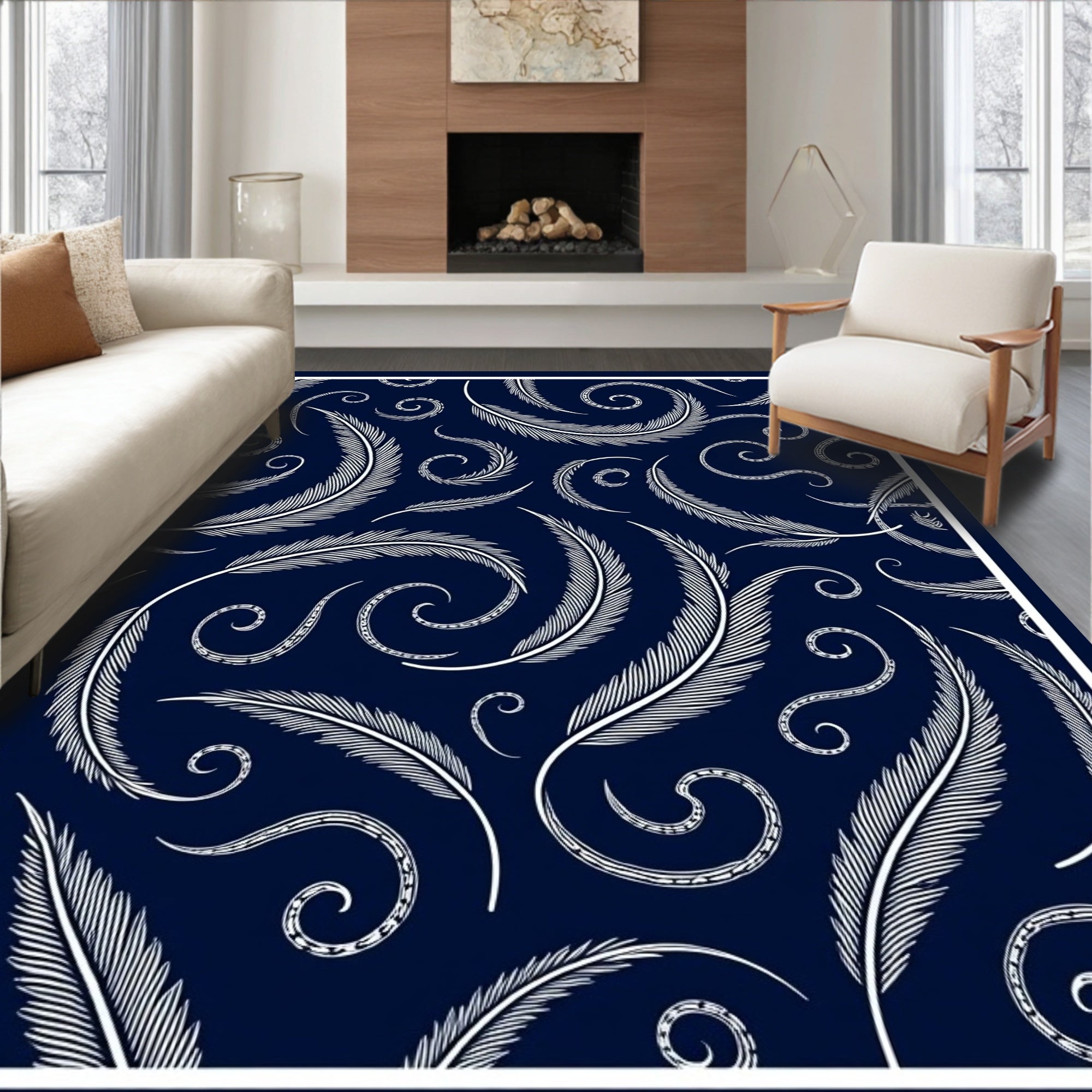 Dark Blue White Feather Swirl Pattern Rug