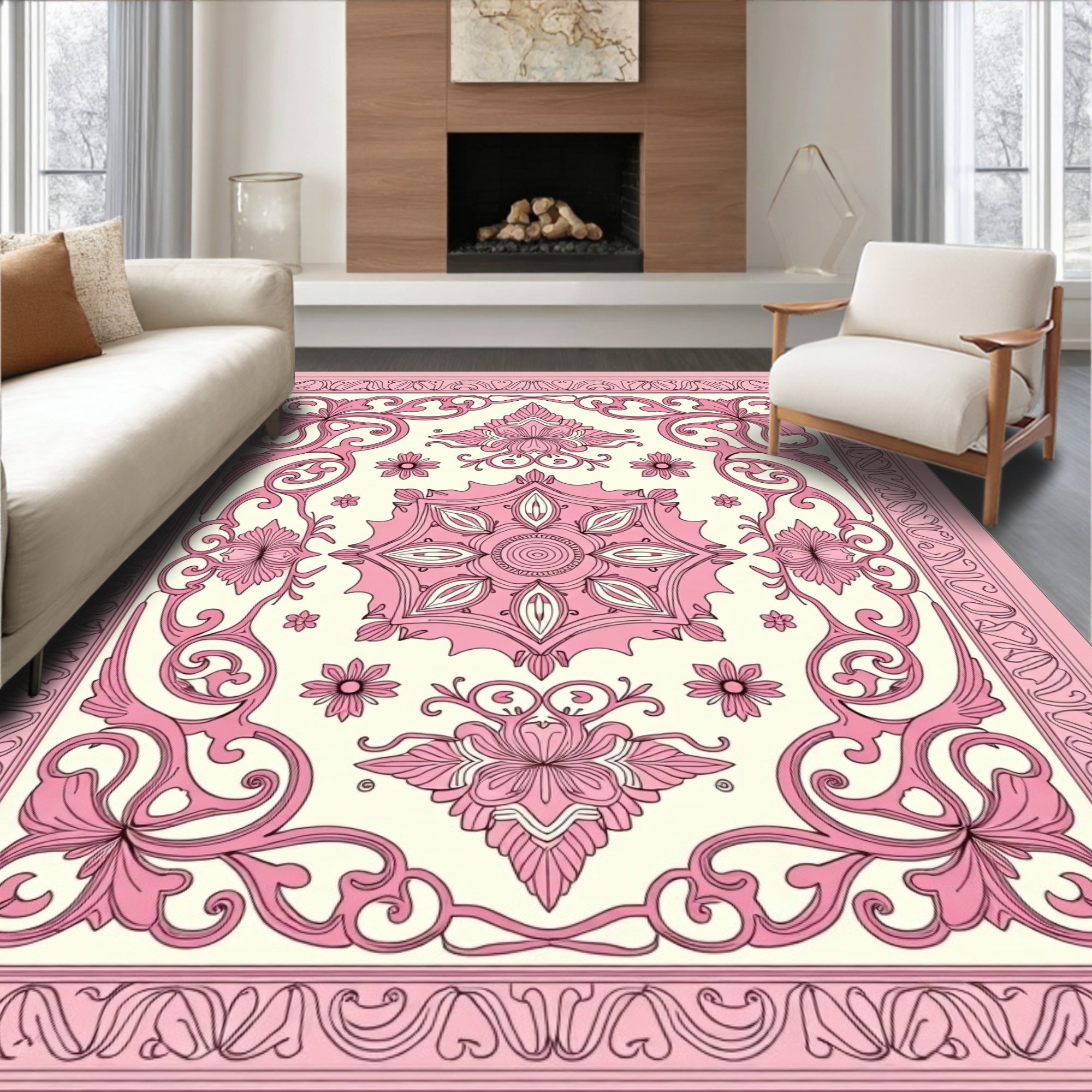 Pink Floral Symmetry Pattern Rug