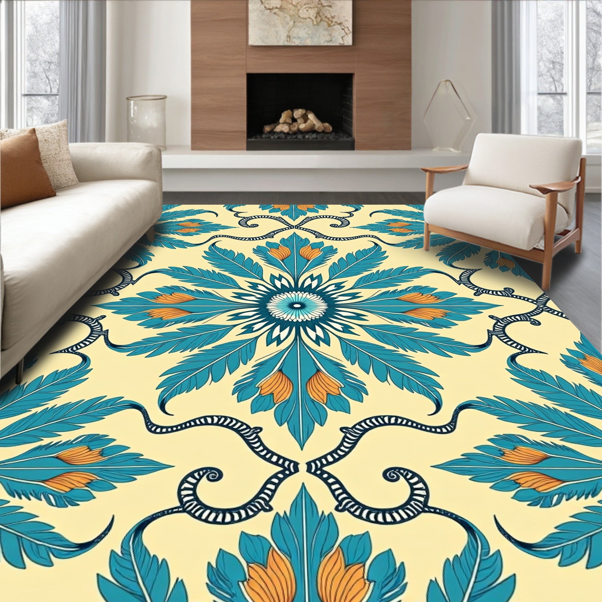 Blue Orange Floral Medallion Pattern Rug