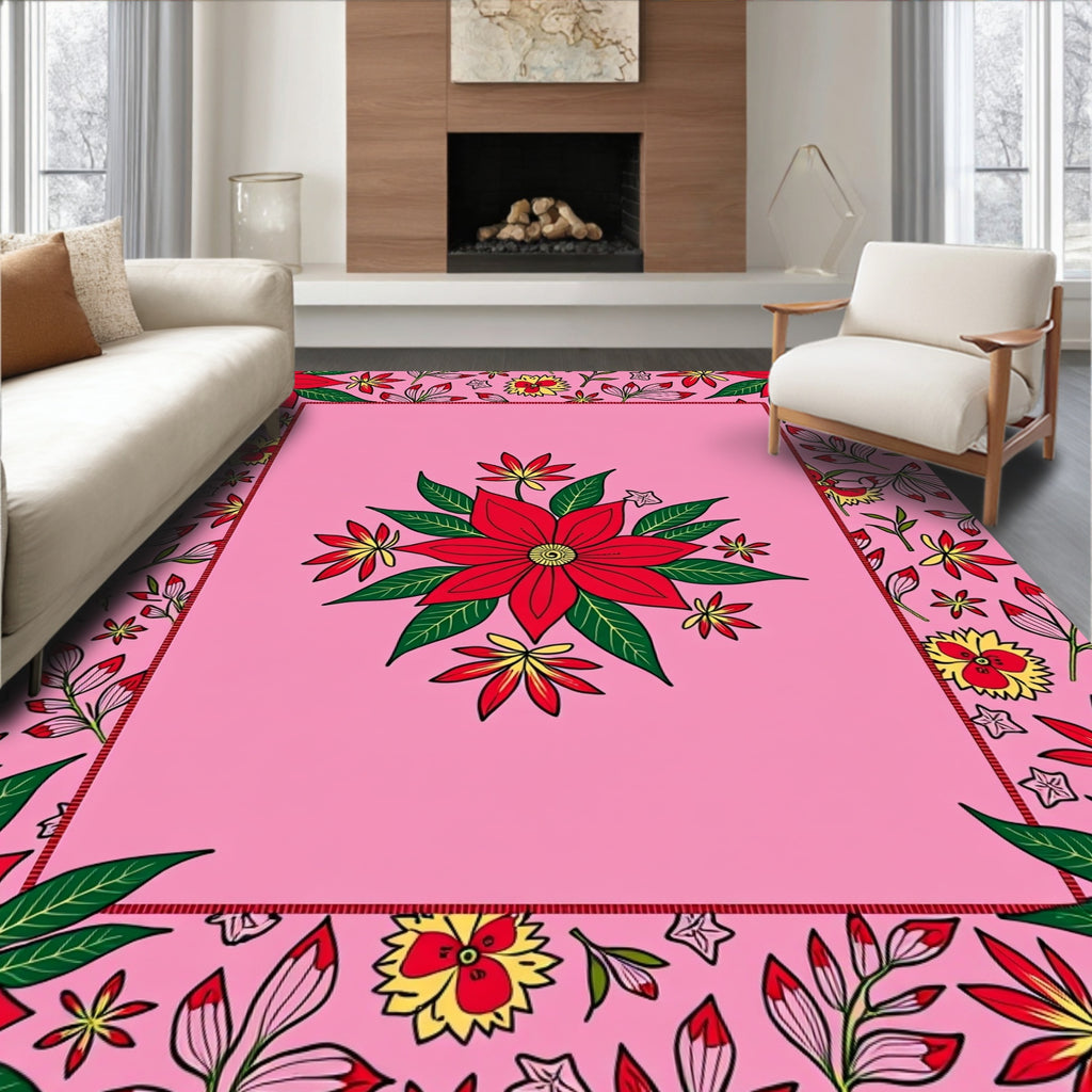 Red Floral Patterned Pink Rug