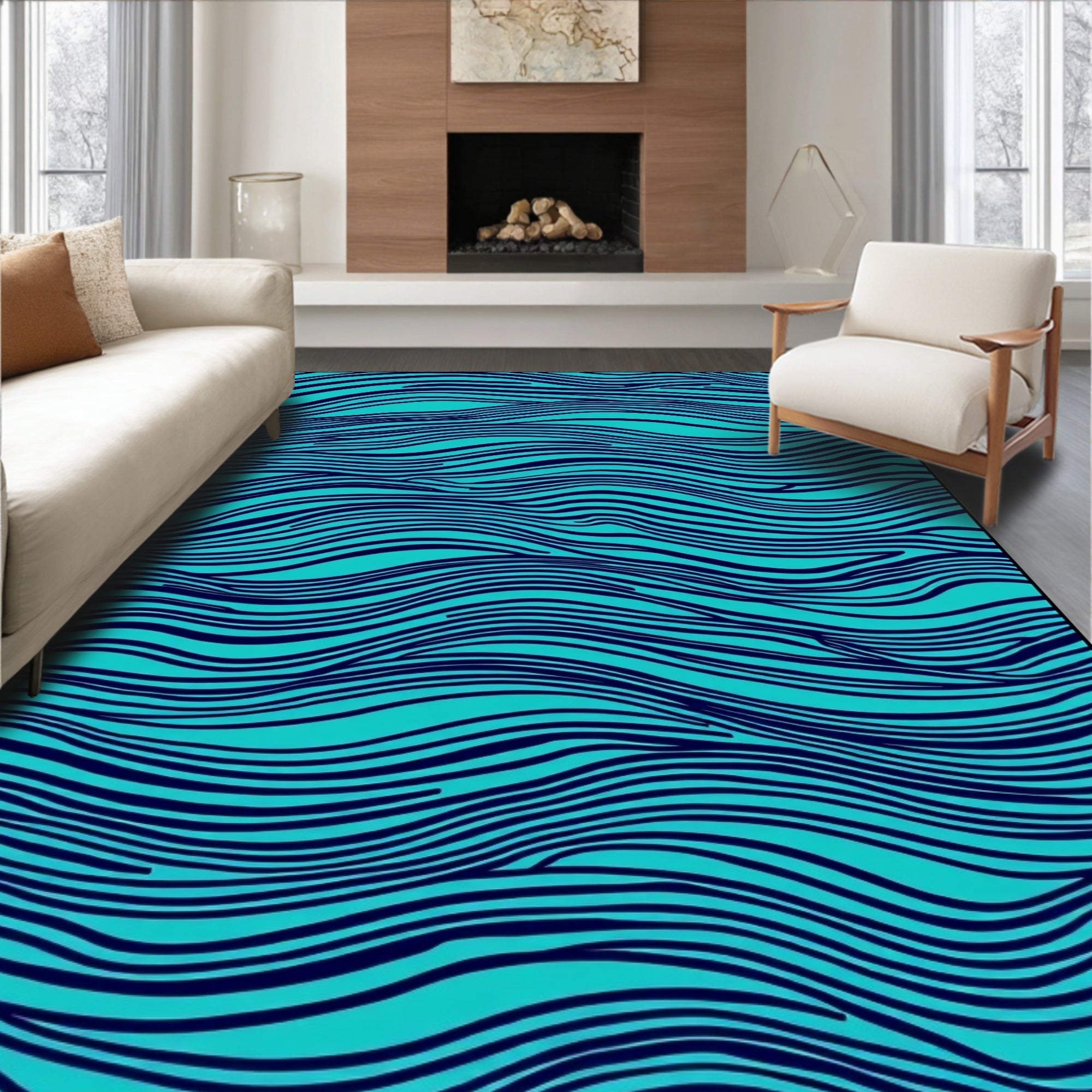 Aqua Navy Wavy Stripes Rug