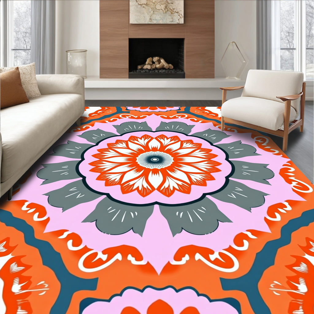 Vibrant Floral Mandala Patterned Design Rug