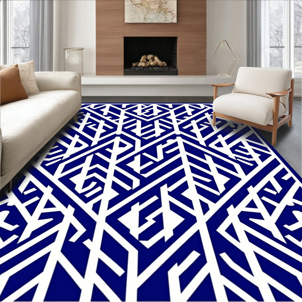 Deep Blue White Abstract Geometric Pattern Rug
