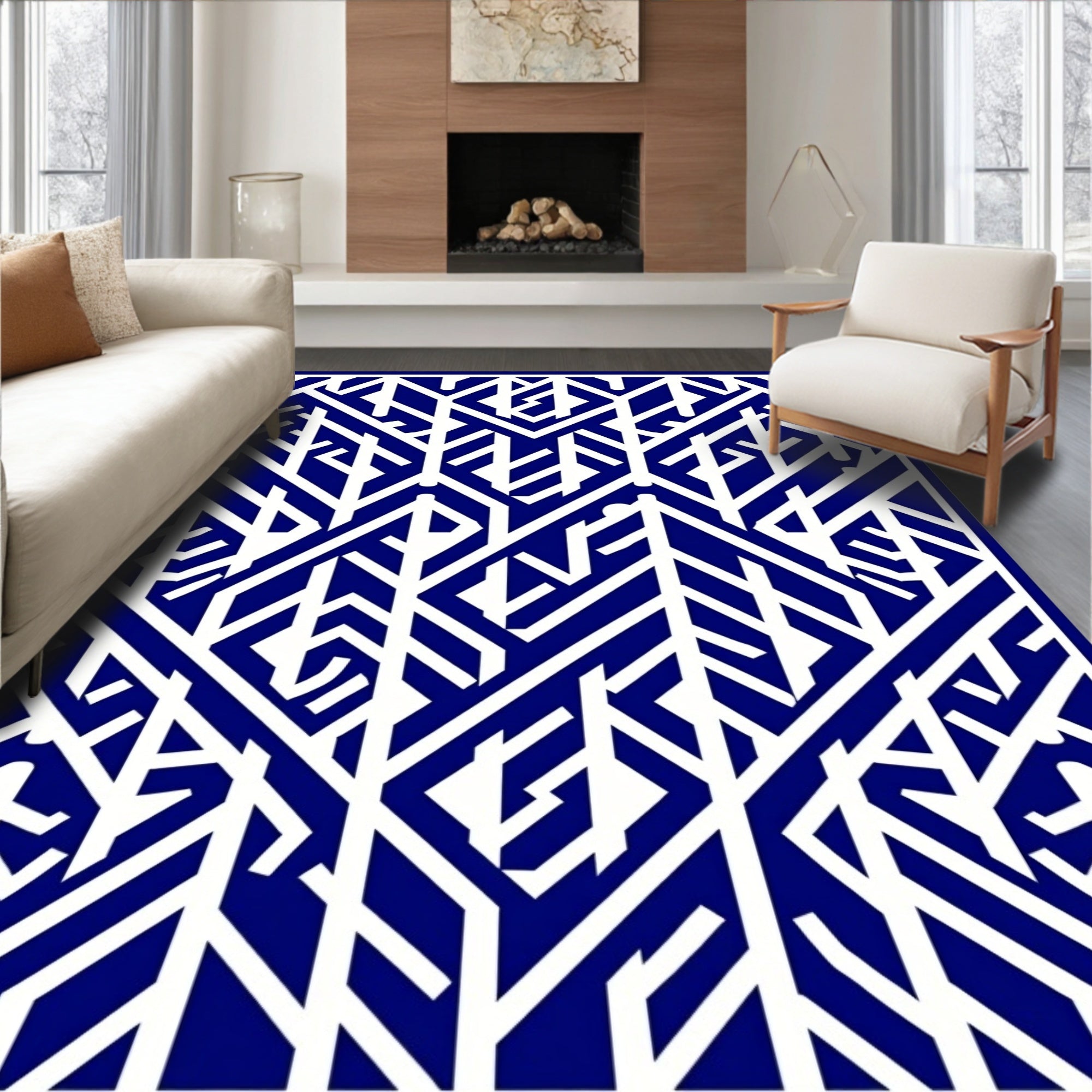 Deep Blue White Abstract Geometric Pattern Rug