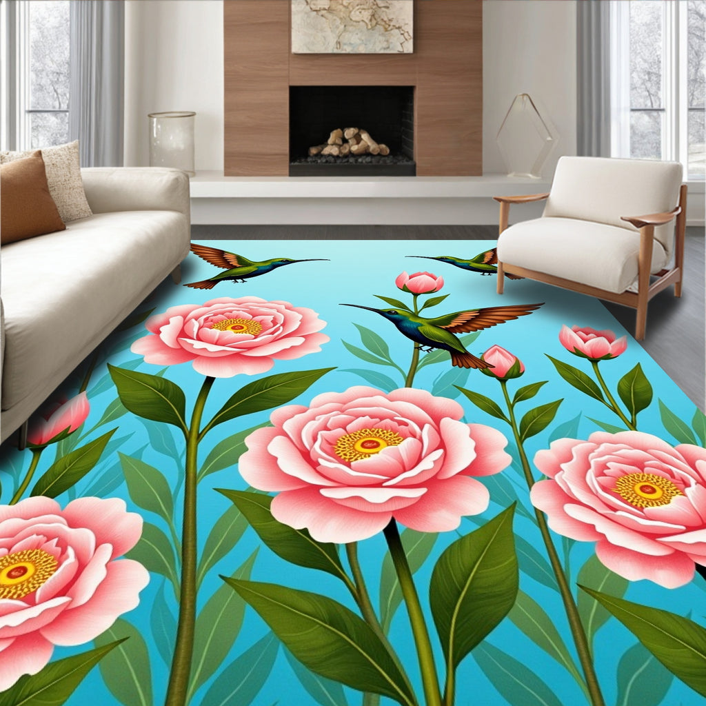 Hummingbird Pink Flower Garden Design Rug