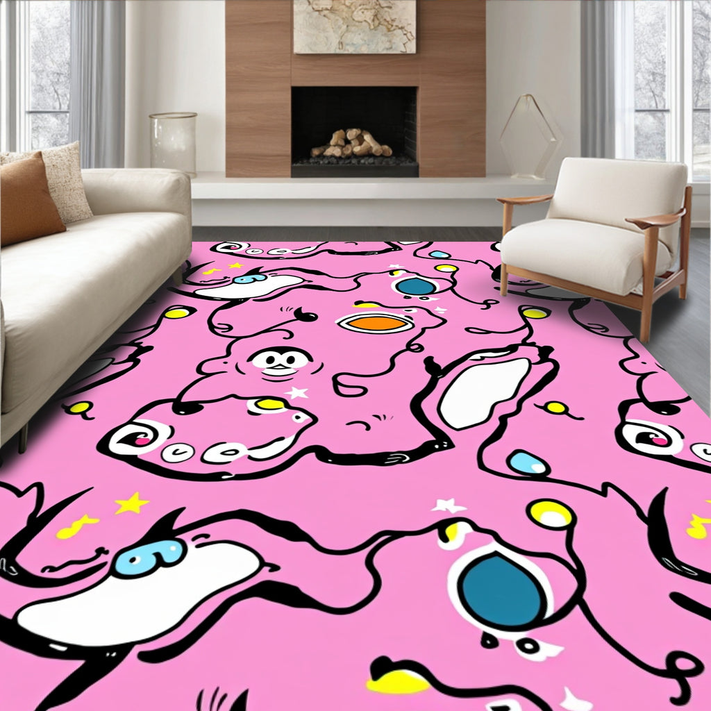 Playful Pink Cartoon Character Pattern Design Rug