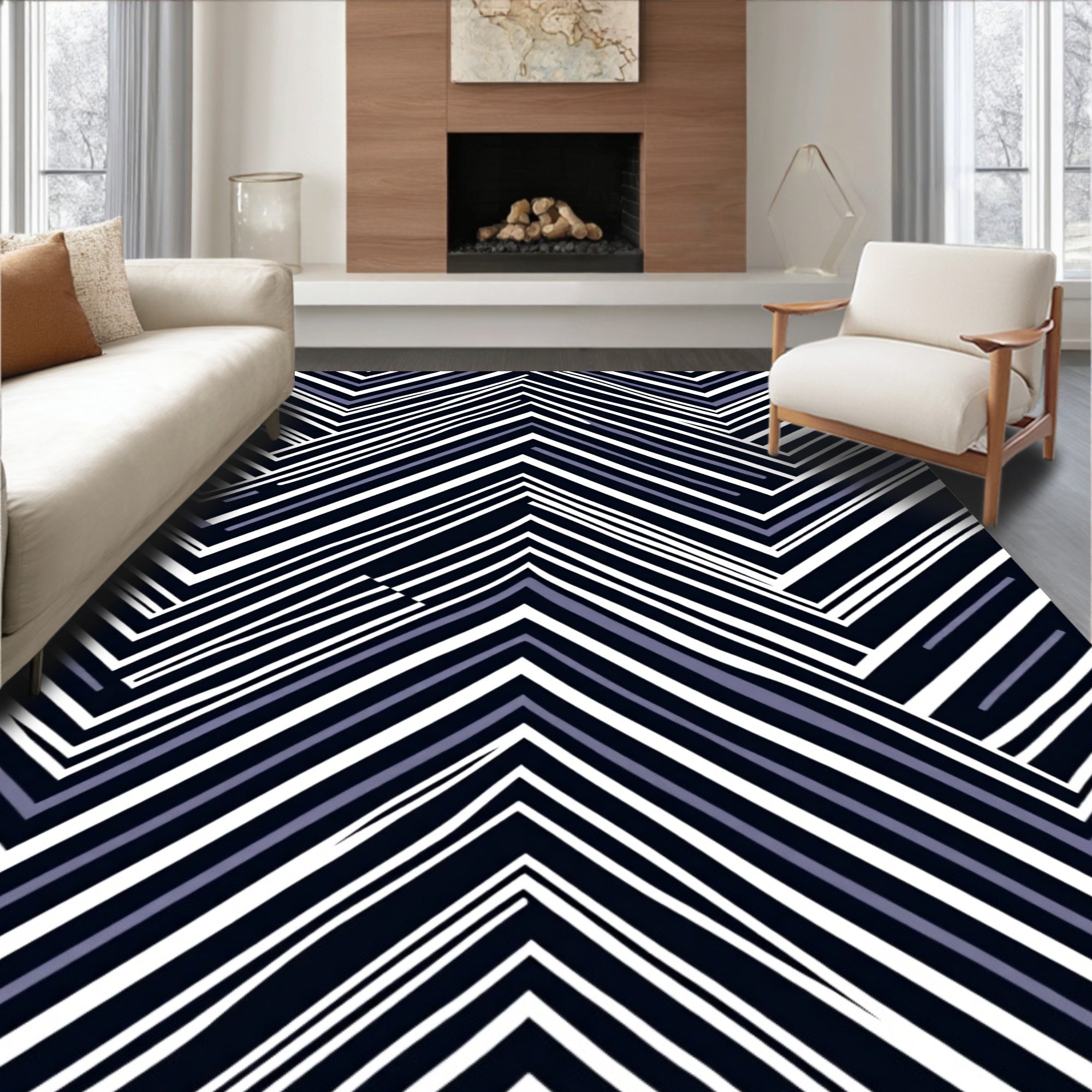Bold Blue White Geometric Stripe Rug