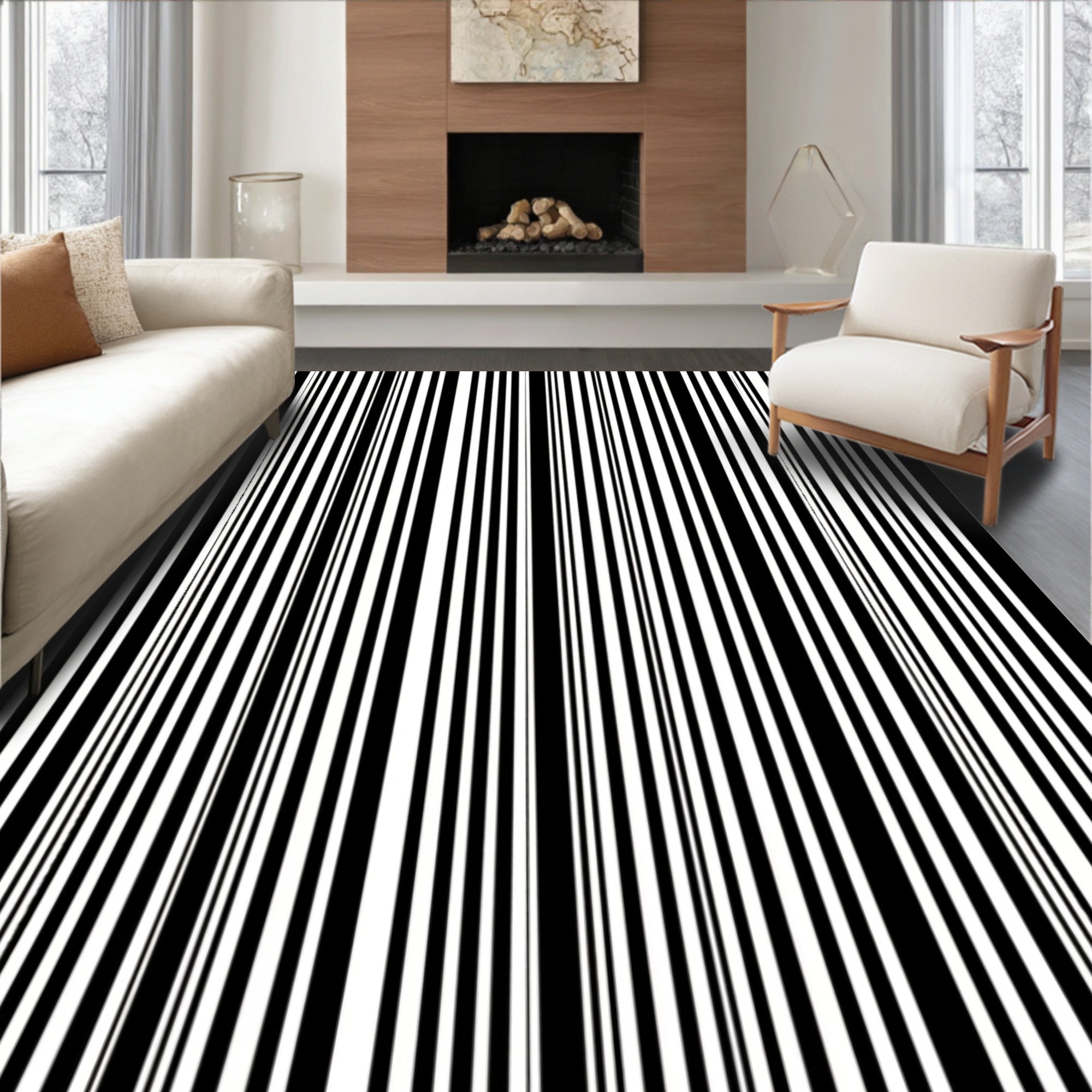 Bold Black White Vertical Stripes Rug