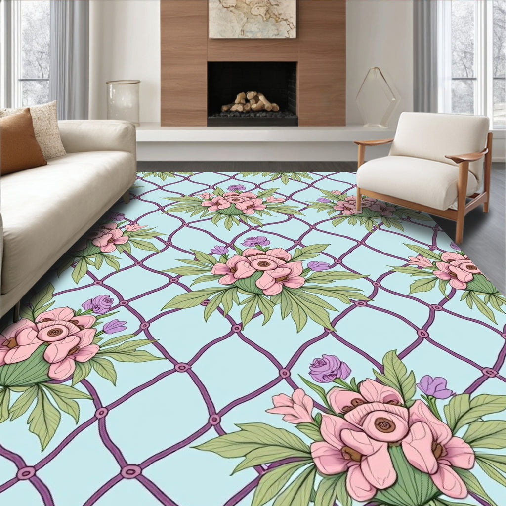 Floral Lattice Pattern With Pink Blooms Rug