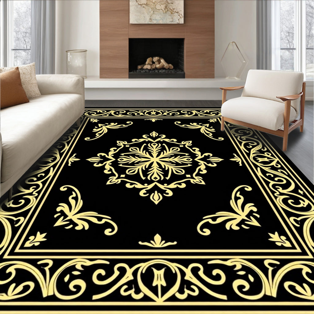 Golden Floral Medallion Black Decorative Rug