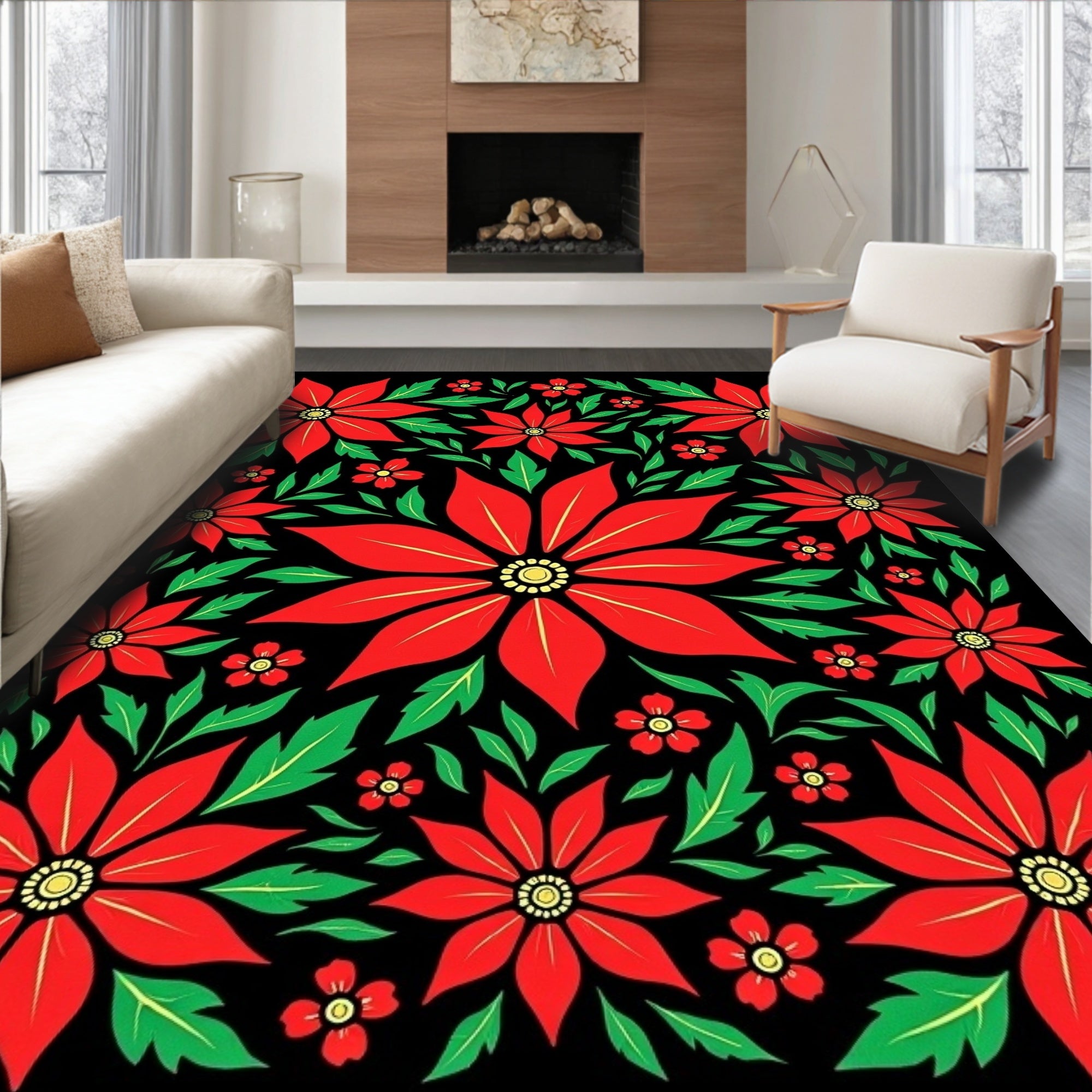 Vibrant Red Poinsettia Floral Collage Rug