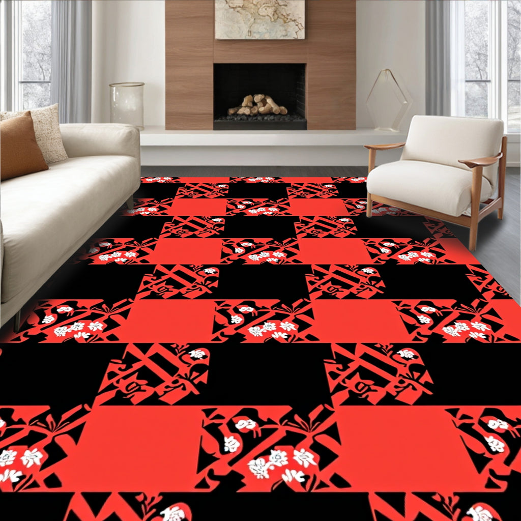 Red Black Geometric Floral Patchwork Rug