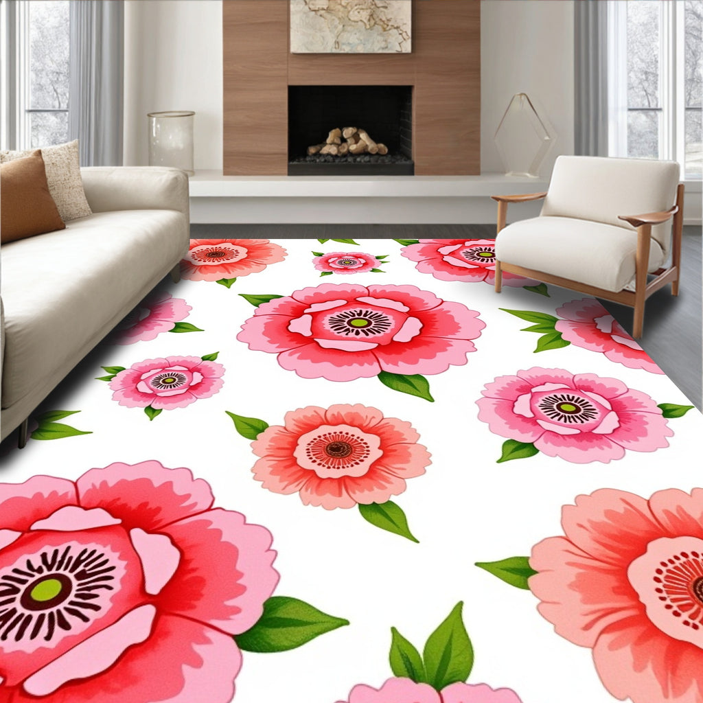 Pink Coral Poppy Floral Pattern Rug