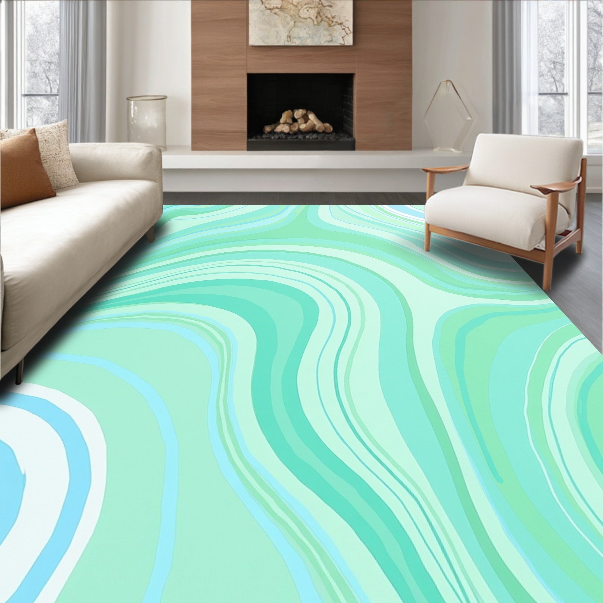 Abstract Swirl Mint Blue Design Rug