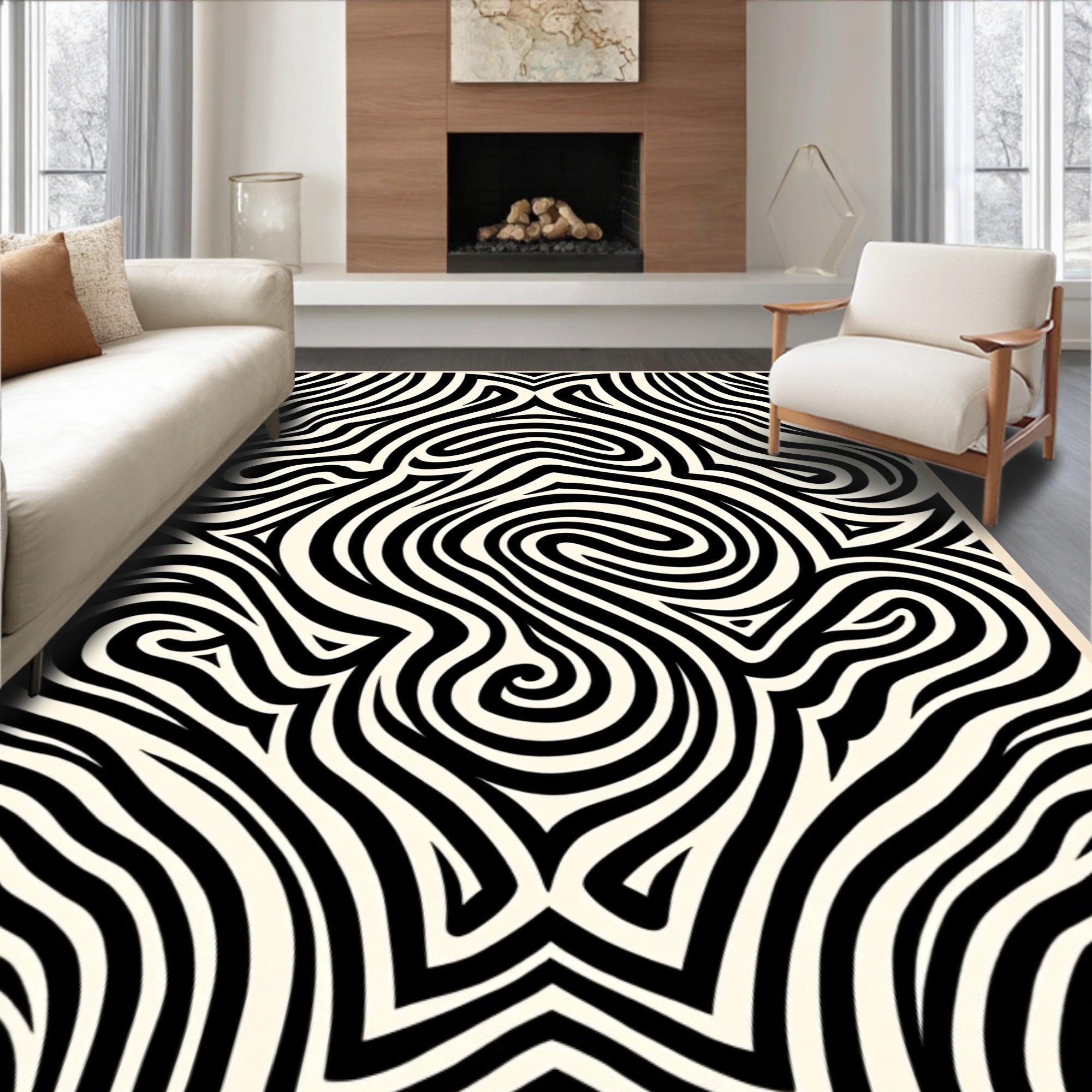 Monochrome Swirling Stripes Pattern Rug