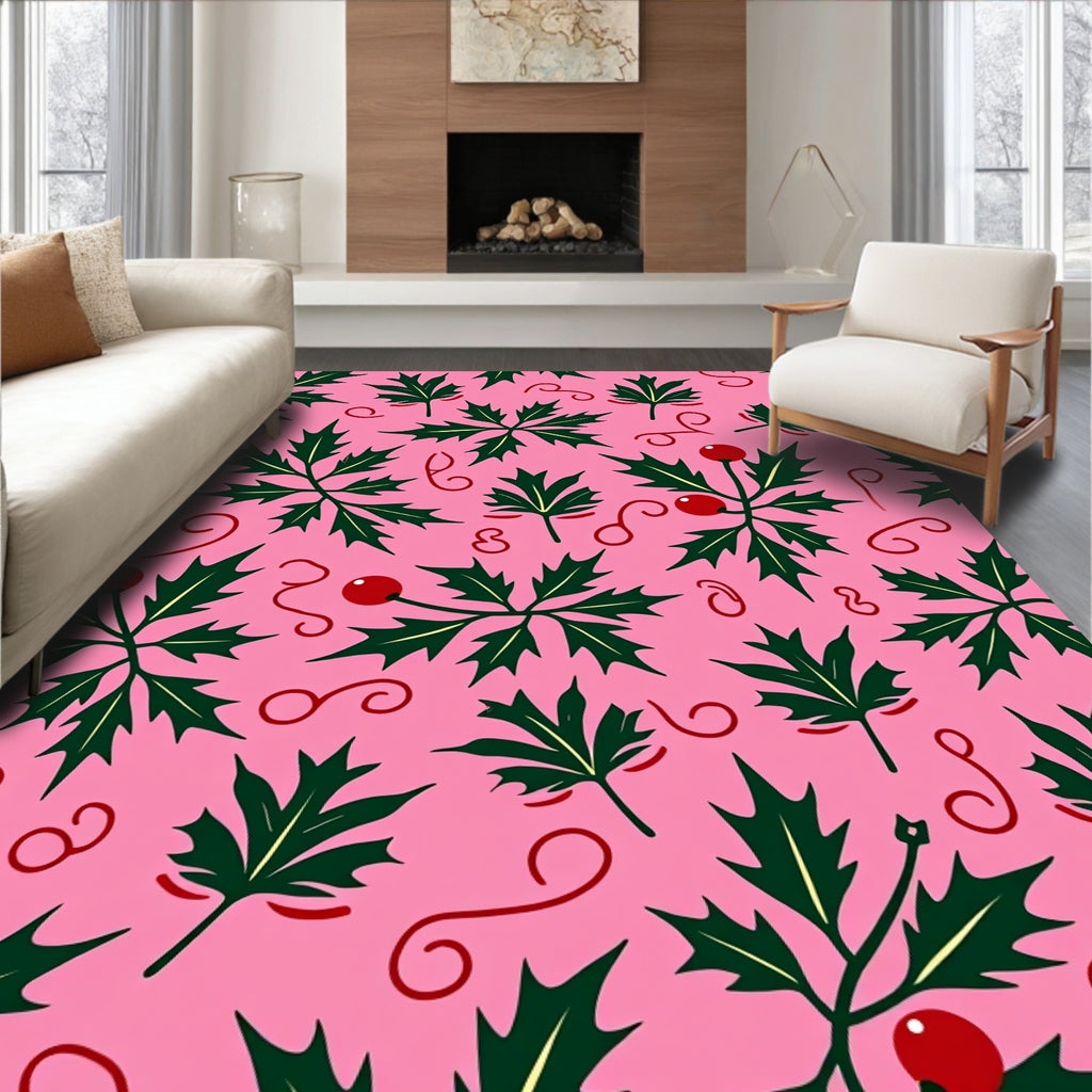 Pink Holly Leaves and Berries Rug