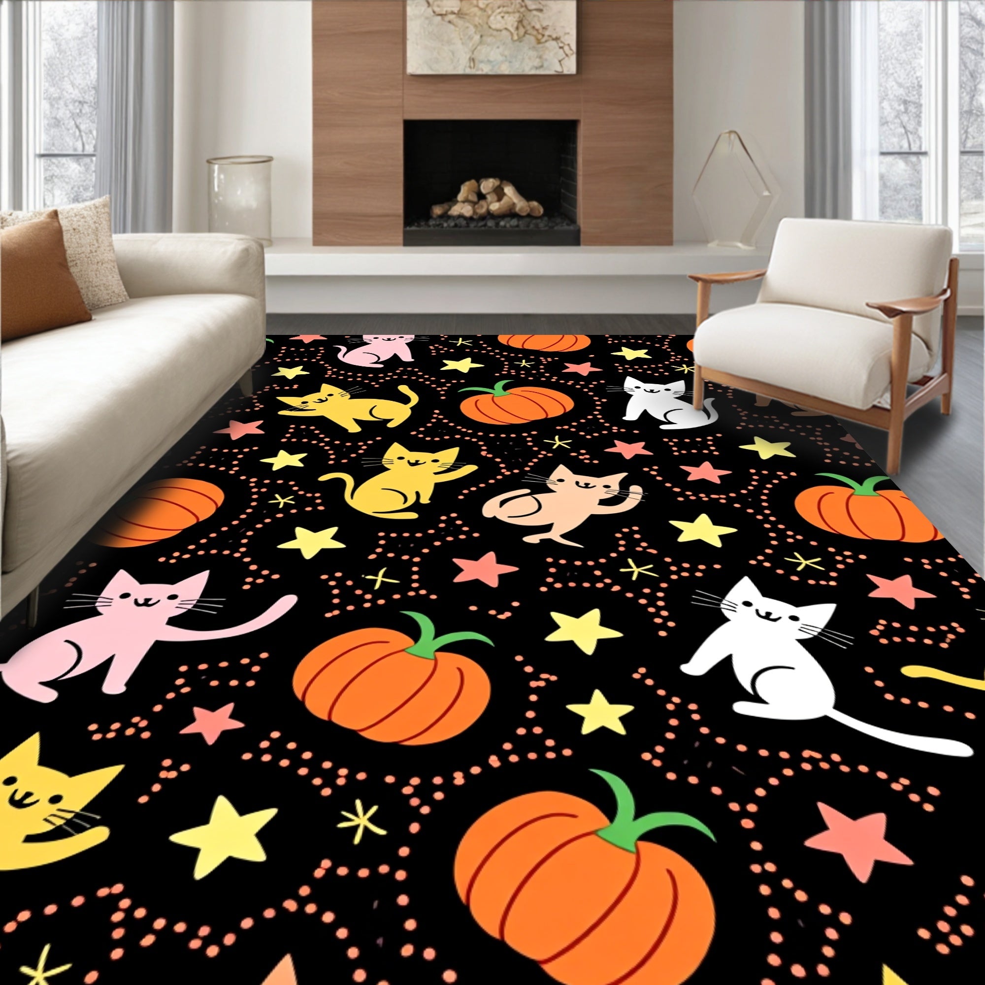 Whimsical Cats and Pumpkins Halloween Pattern Rug