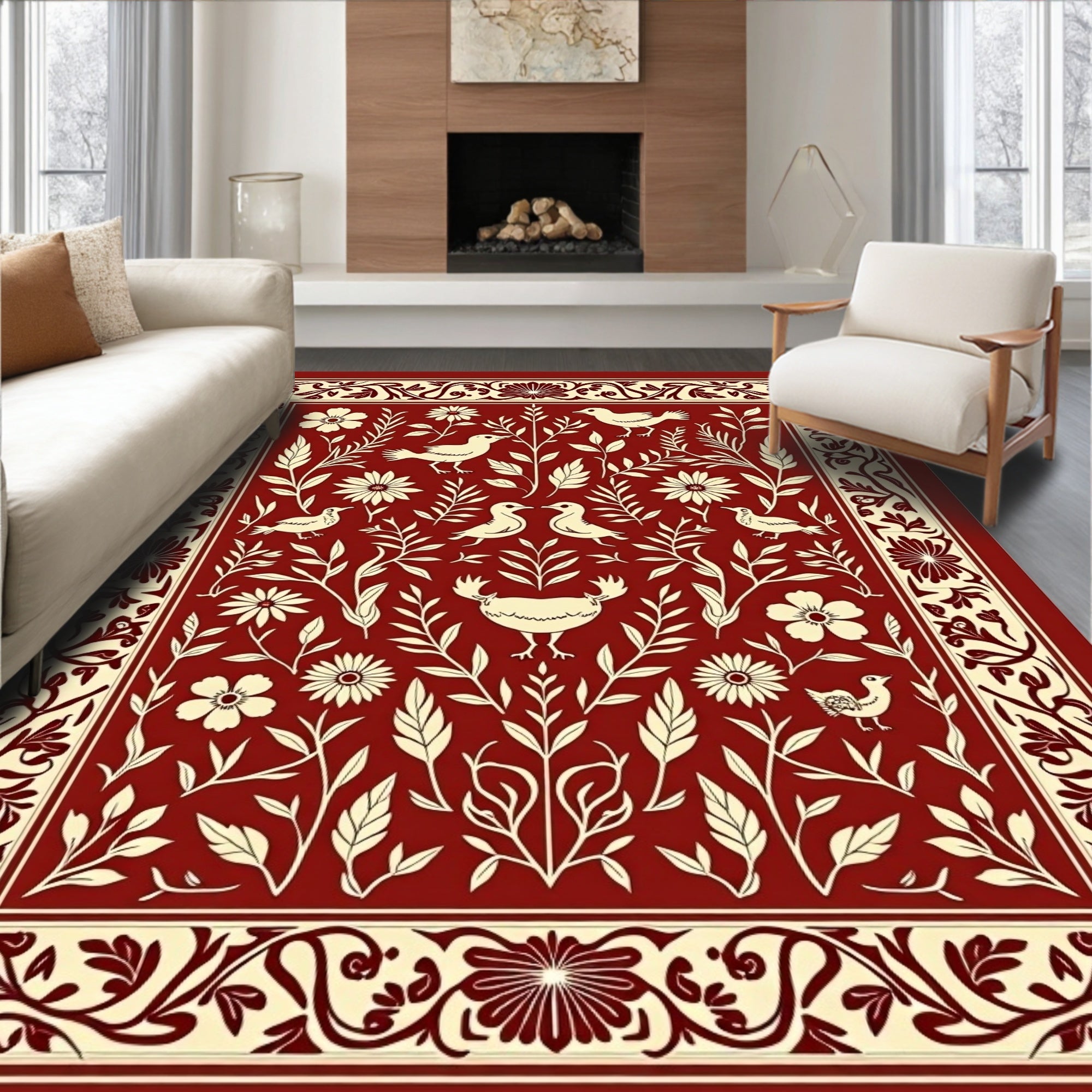 Ornate Birds and Floral Garden Red Rug