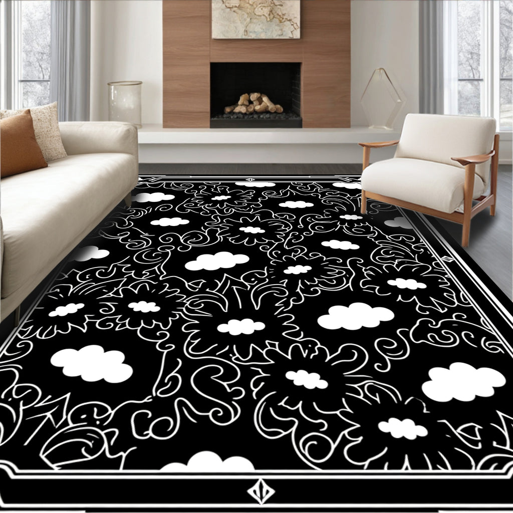Black White Floral Cloud Pattern Rug