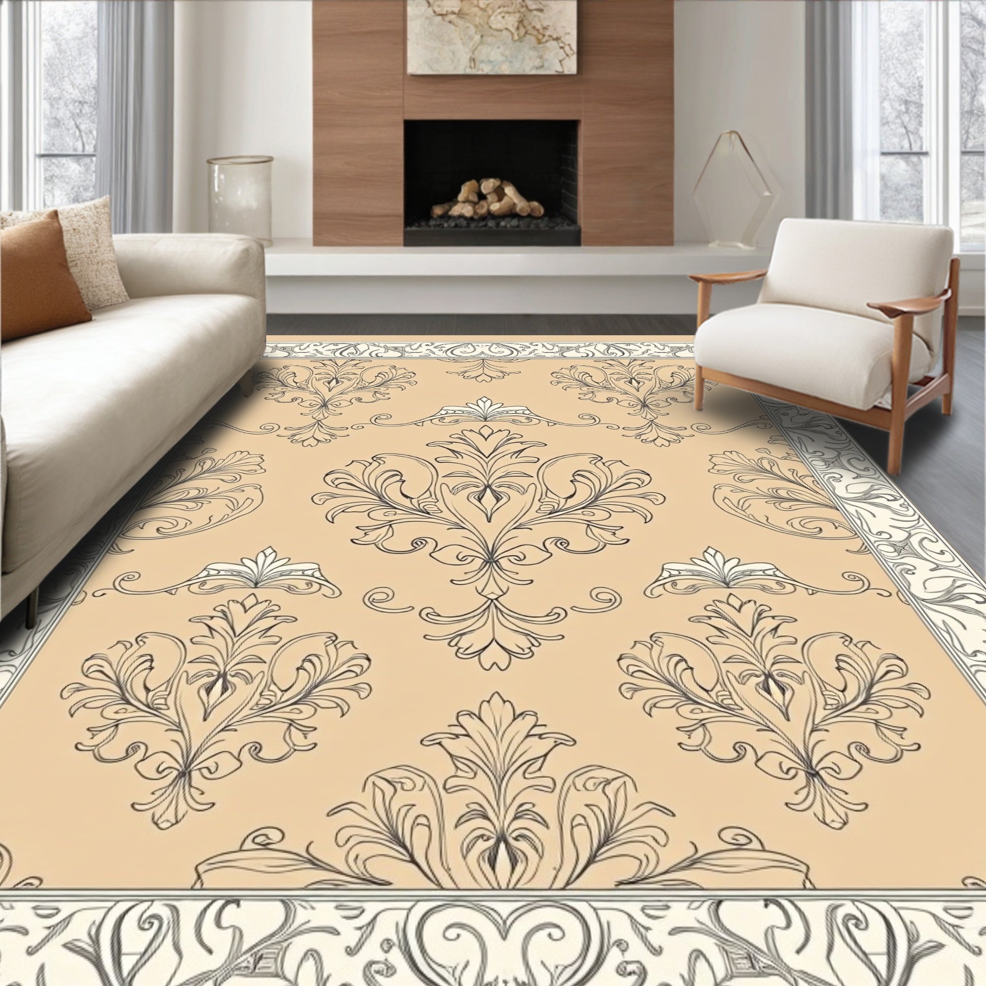 Elegant Beige Damask Scroll Rug