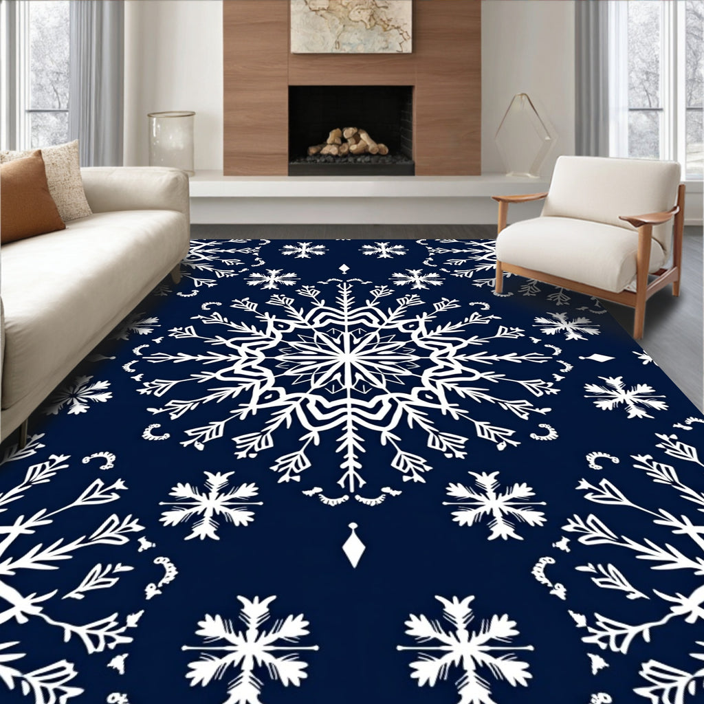 Dark Blue White Snowflake Mandala Rug