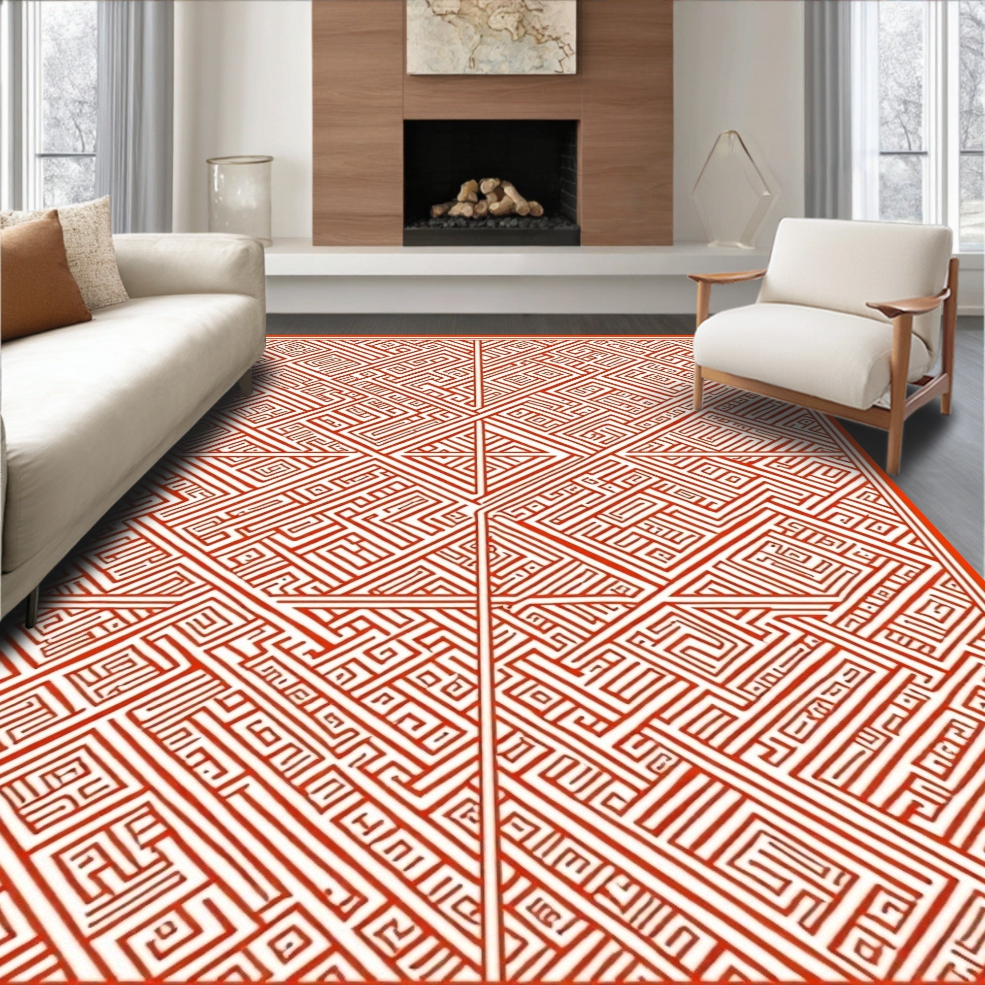 Red Linear Intricate Maze Pattern Rug