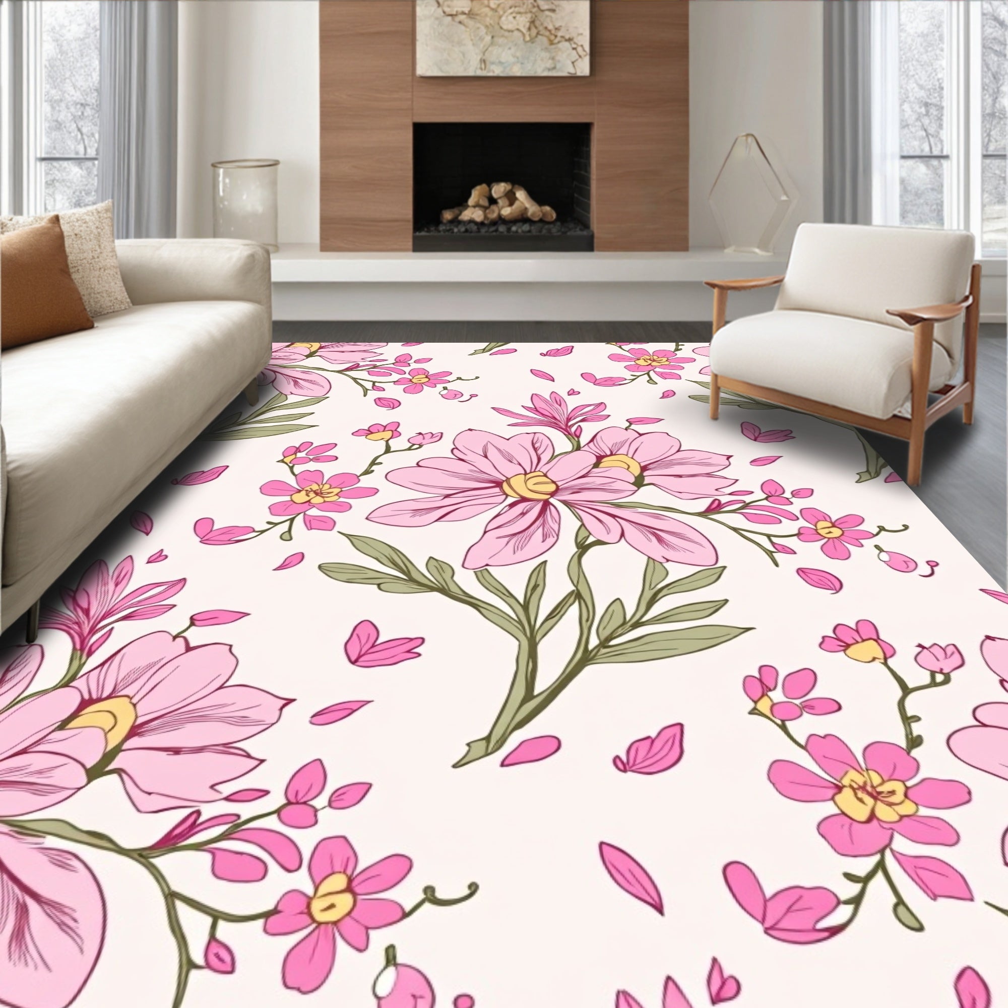 Pink Blossom Pattern Floral Design Rug