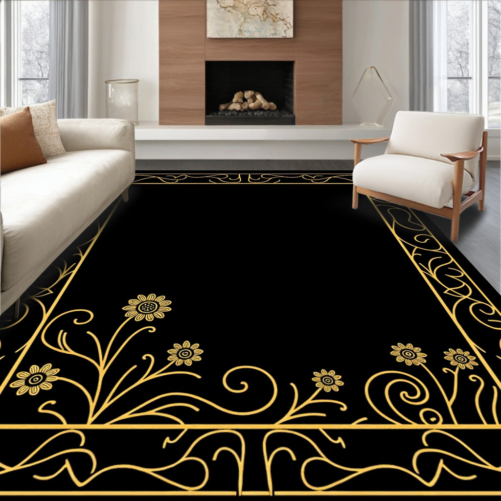Gold Floral Swirl Art Nouveau Pattern Rug
