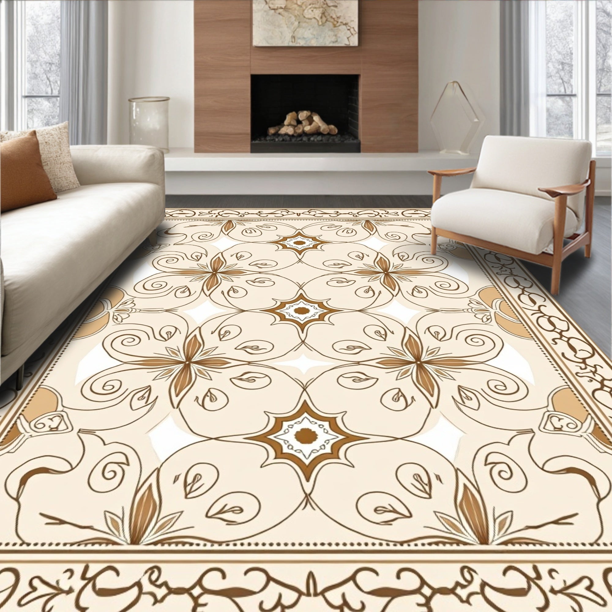 Ornate Swirls Floral Cream Pattern Rug